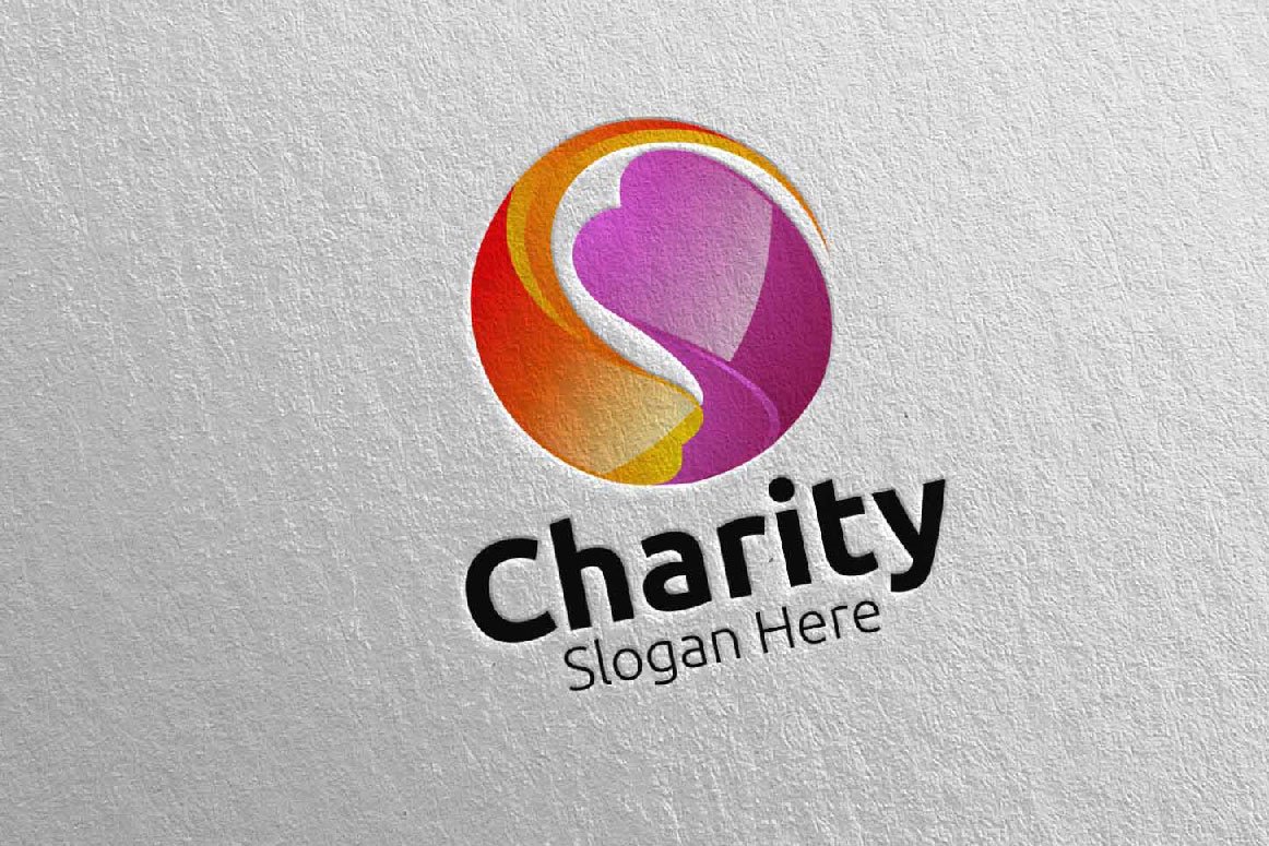 A orange and purple 3D charity hand love logo and black lettering "Charity slogan here" on a gray background.