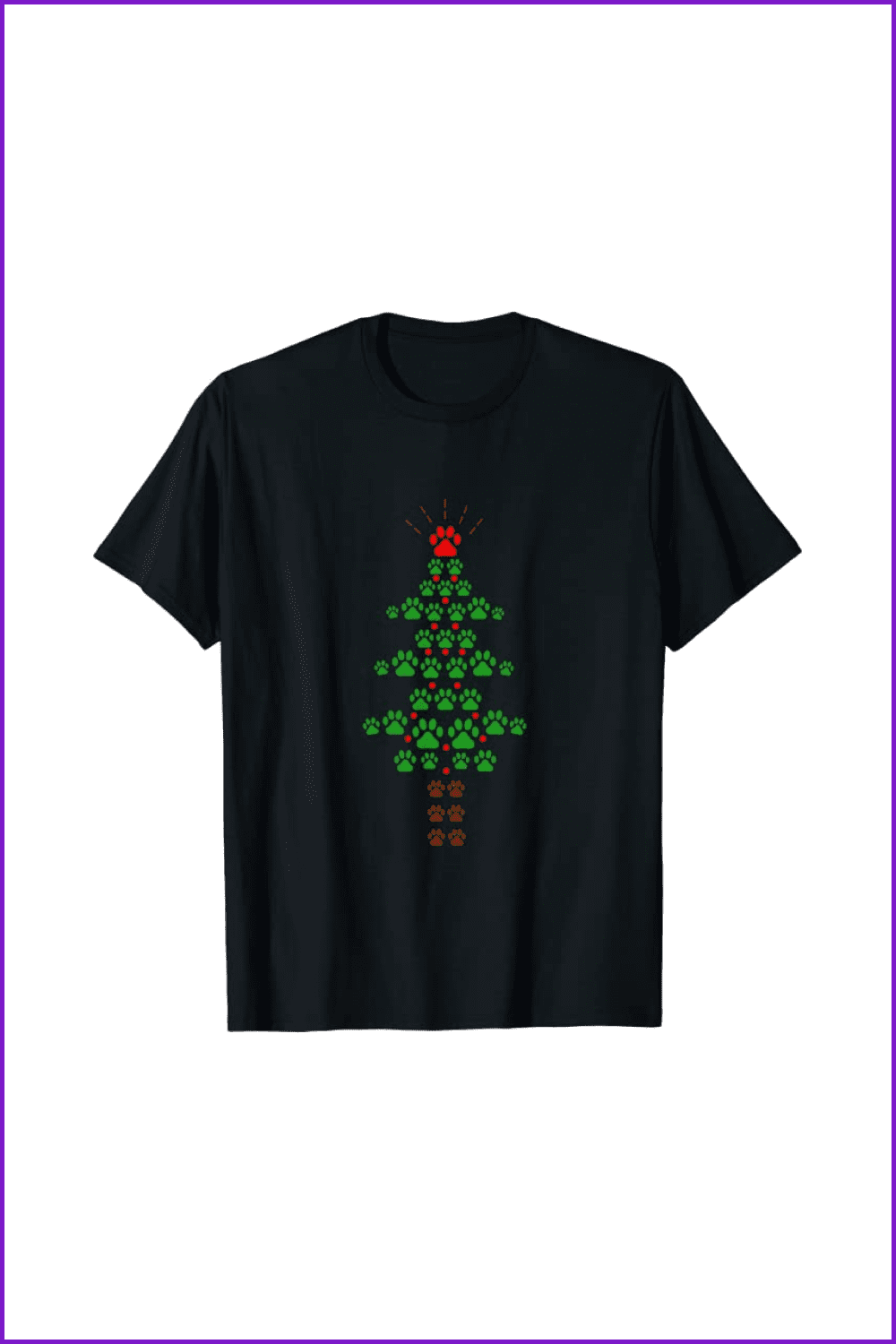 Black t-shirt with a Christmas tree made of dog paw prints.