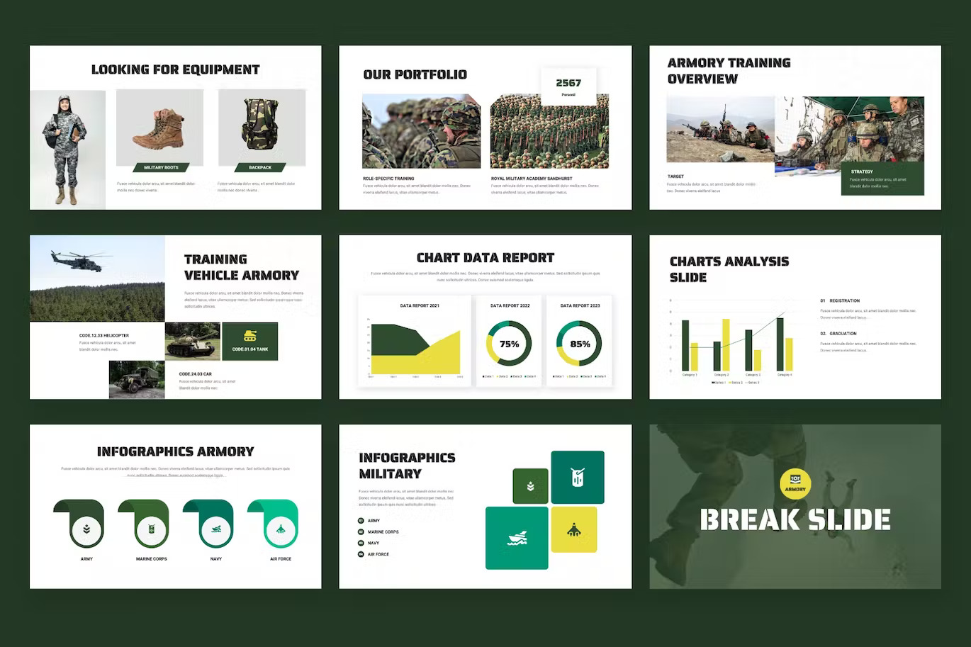 9 different slides for statistics on a dark green background.