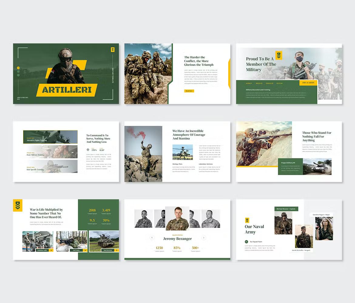 9 different white, green and yellow artilleri — military & army powerpoint templates on a gray background.