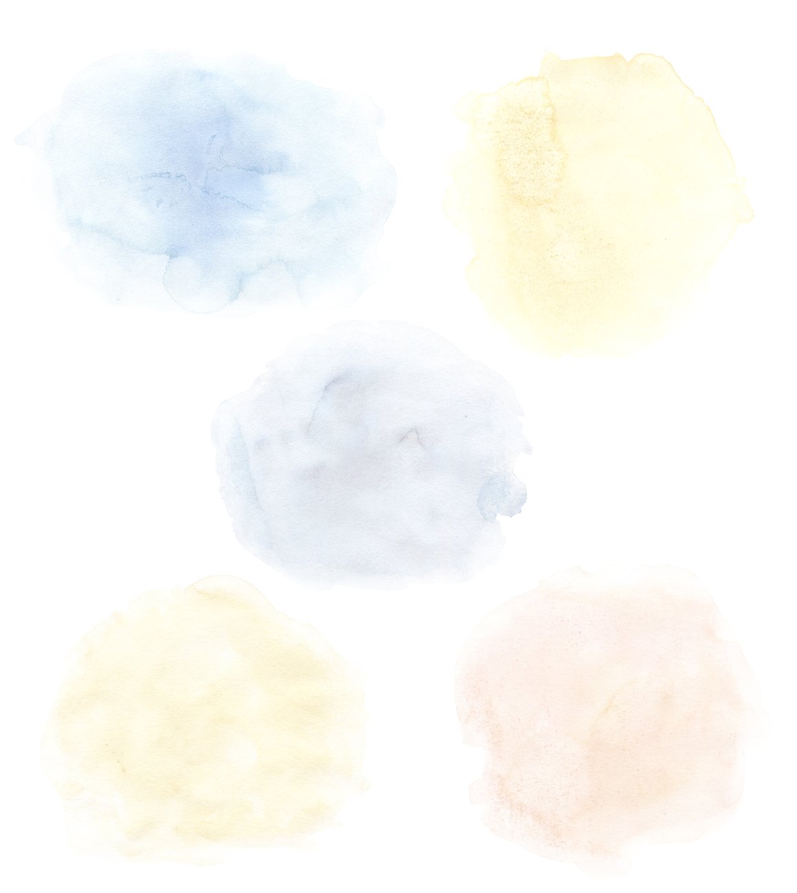 A set of 5 watercolor backgrounds - blue, yellow, purple, orange and pink on a white background.
