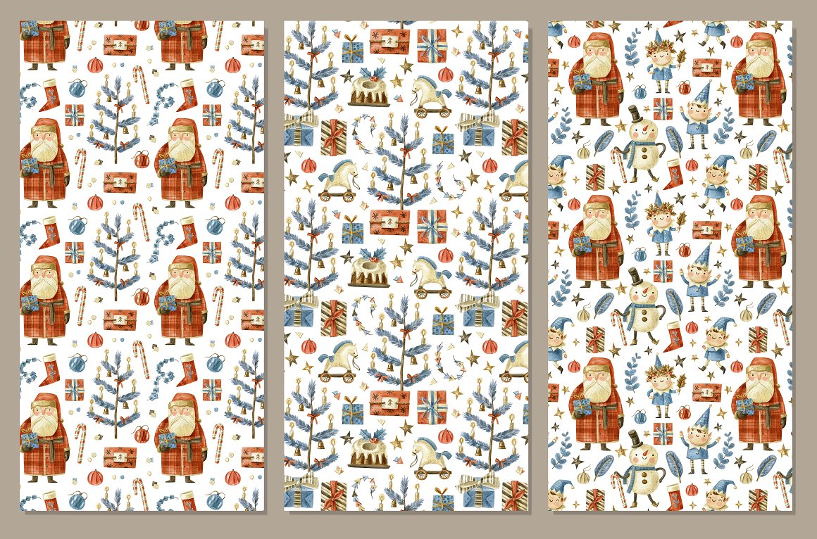 A set of 3 different seamless Christmas patterns on a beige background.