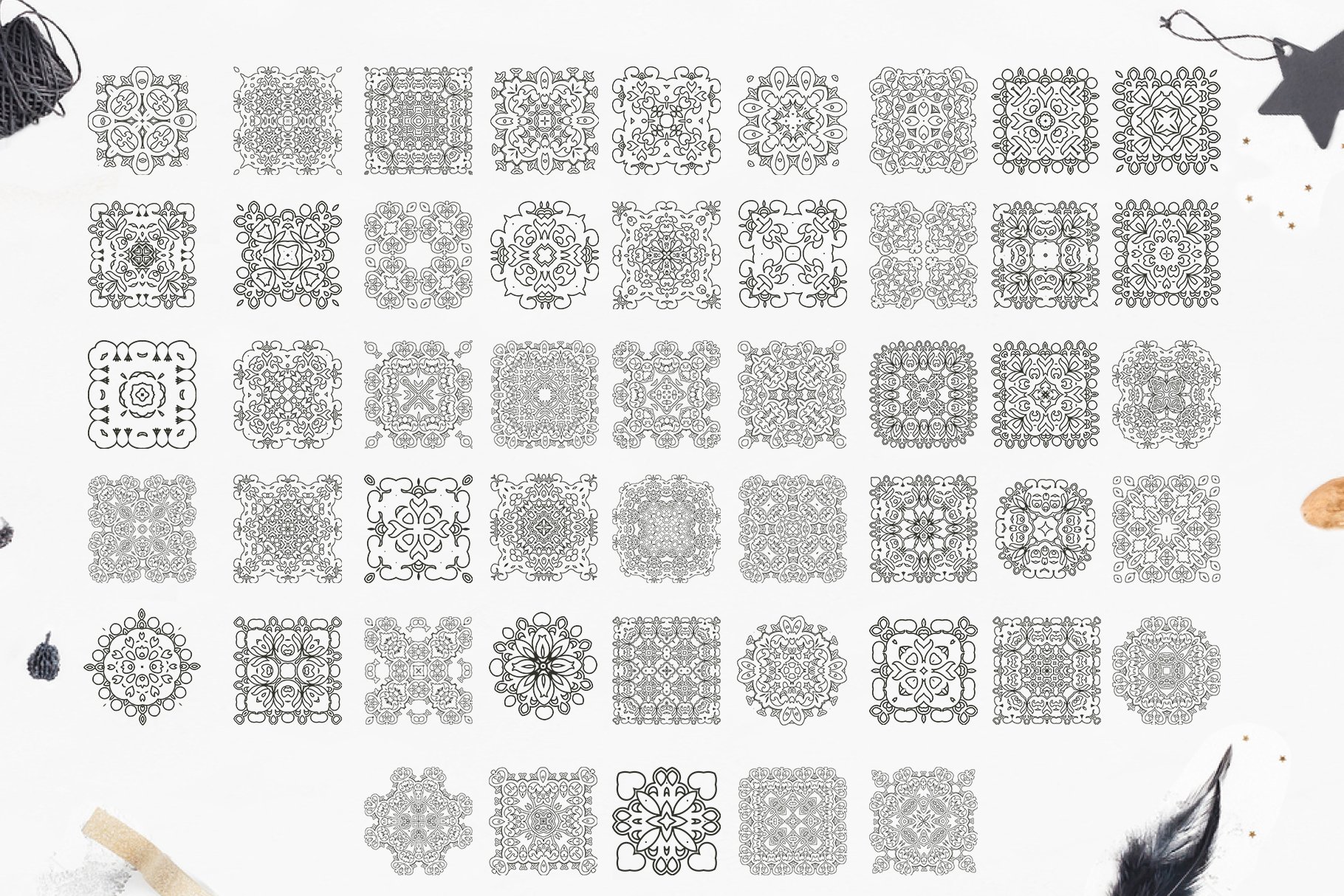 Small square mandala graphics in a grey.