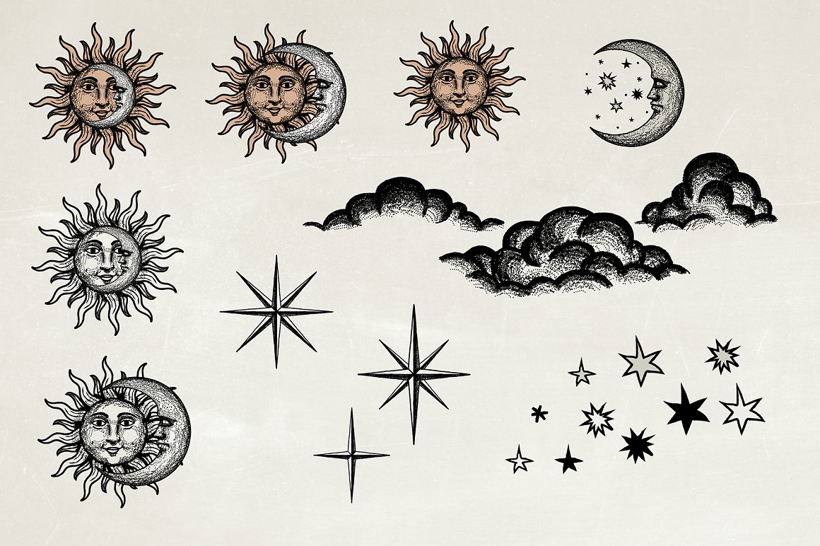 A set of 12 black different illustrations of a moon, sun and stars on a gray background.