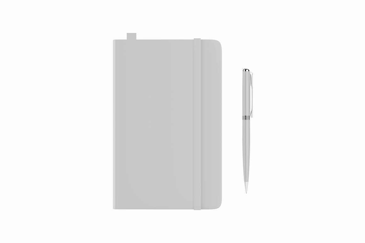 White notebook mockup with a white pen on a white background.