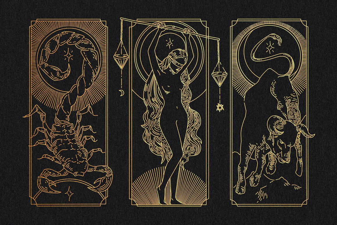 A set of 3 different golden zodiac figures on a black background.