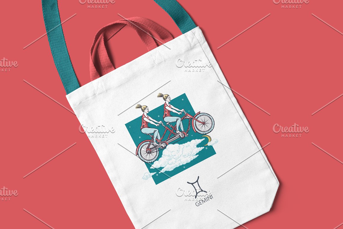 A white and turquoise shopping bag with a colorful illustration with a funny zodiac sign - Gemini on a pink background.