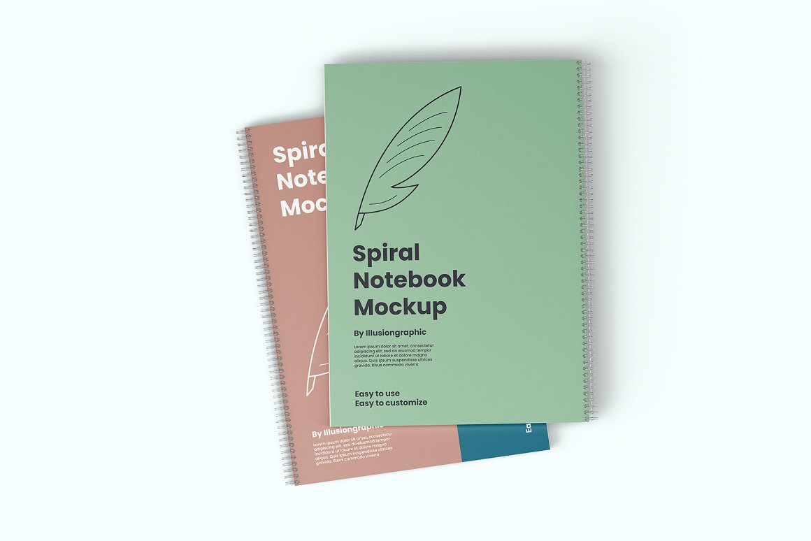 Green spiral notebook mockup A4 and blue and pink spiral notebook mockup A4 on a white background.