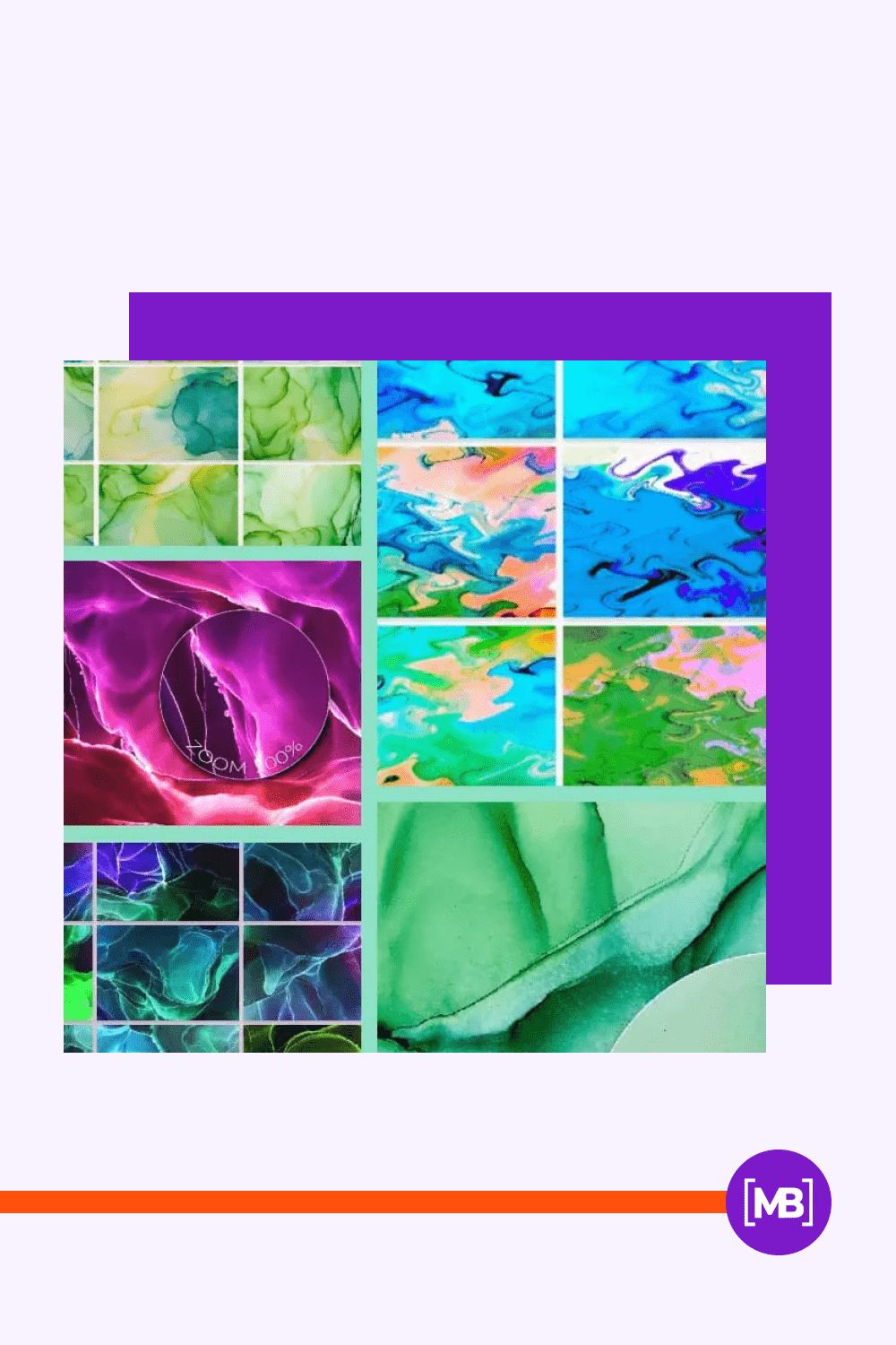 Collage of blue, green, pink backgrounds with abstract patterns with streaks.