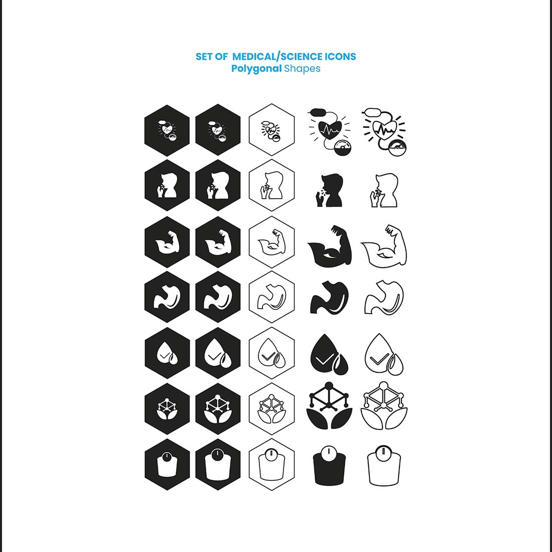 35 Science and Health Icons Bundle, black icons hexagonal shape.