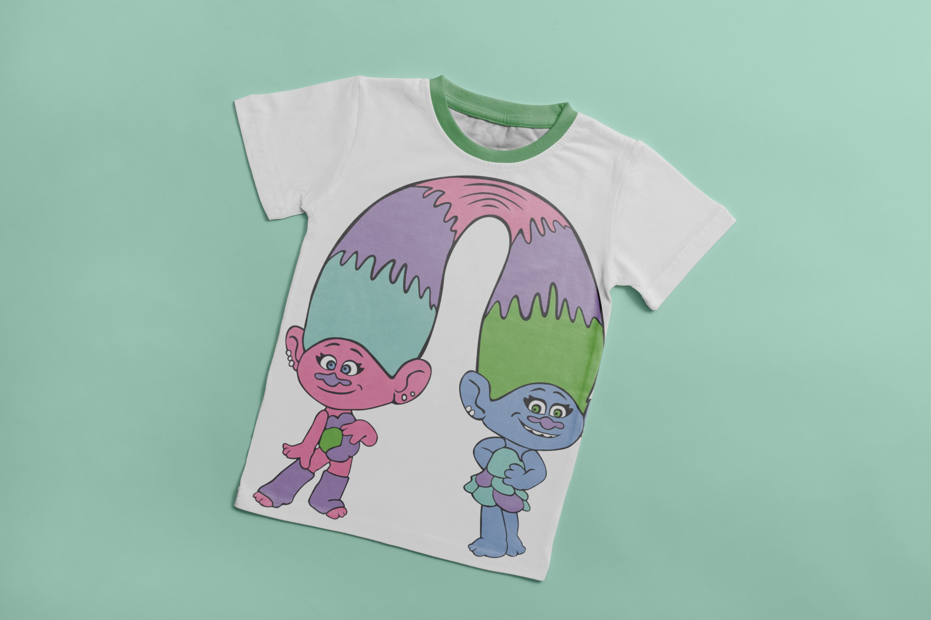 White T-shirt with green collar and image of cartoon character - Satin and Chenille.