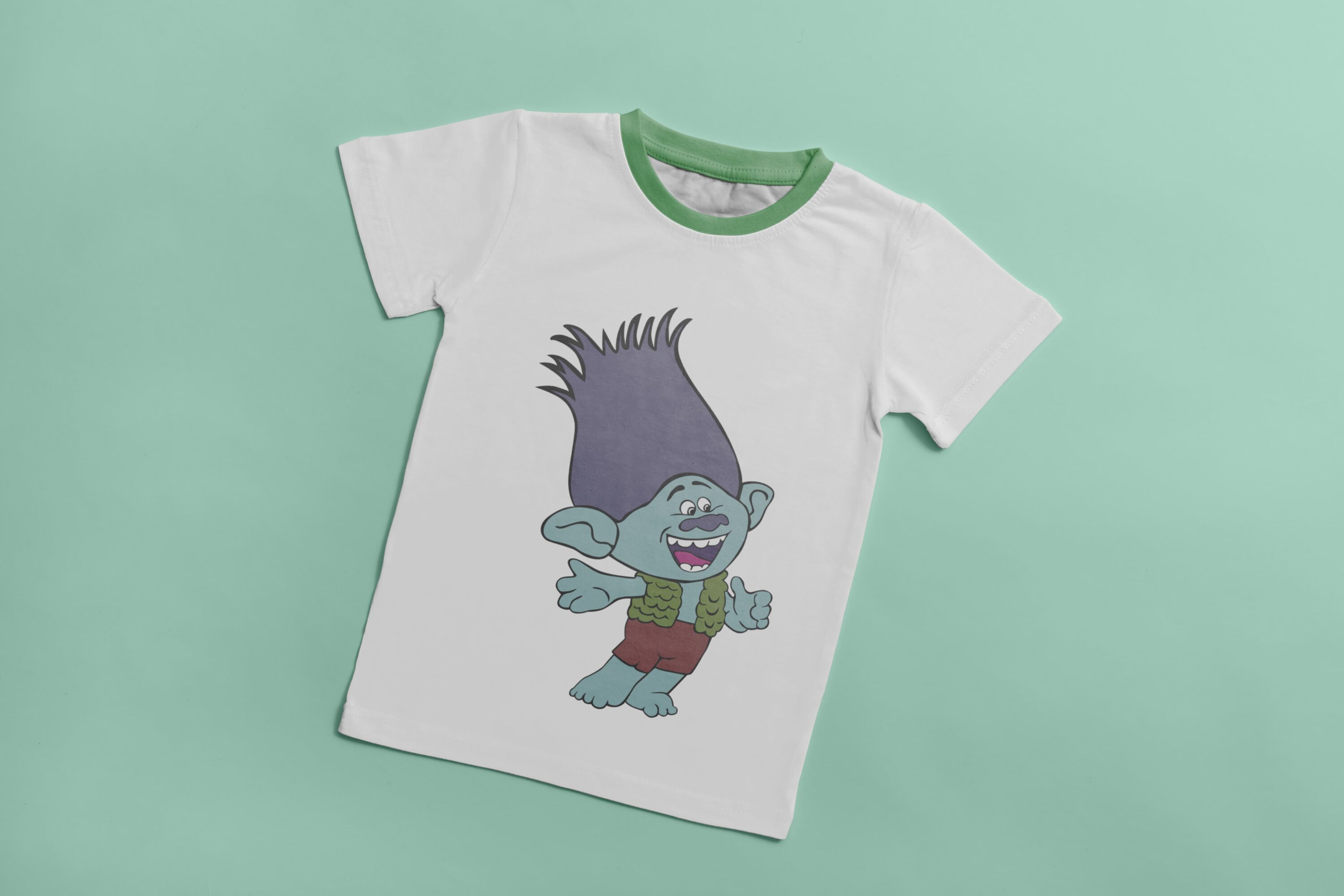 White T-shirt with green collar and image of cartoon character - Branch.