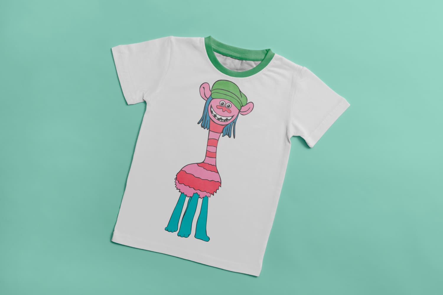 White T-shirt with green collar and image of cartoon character - Cooper.