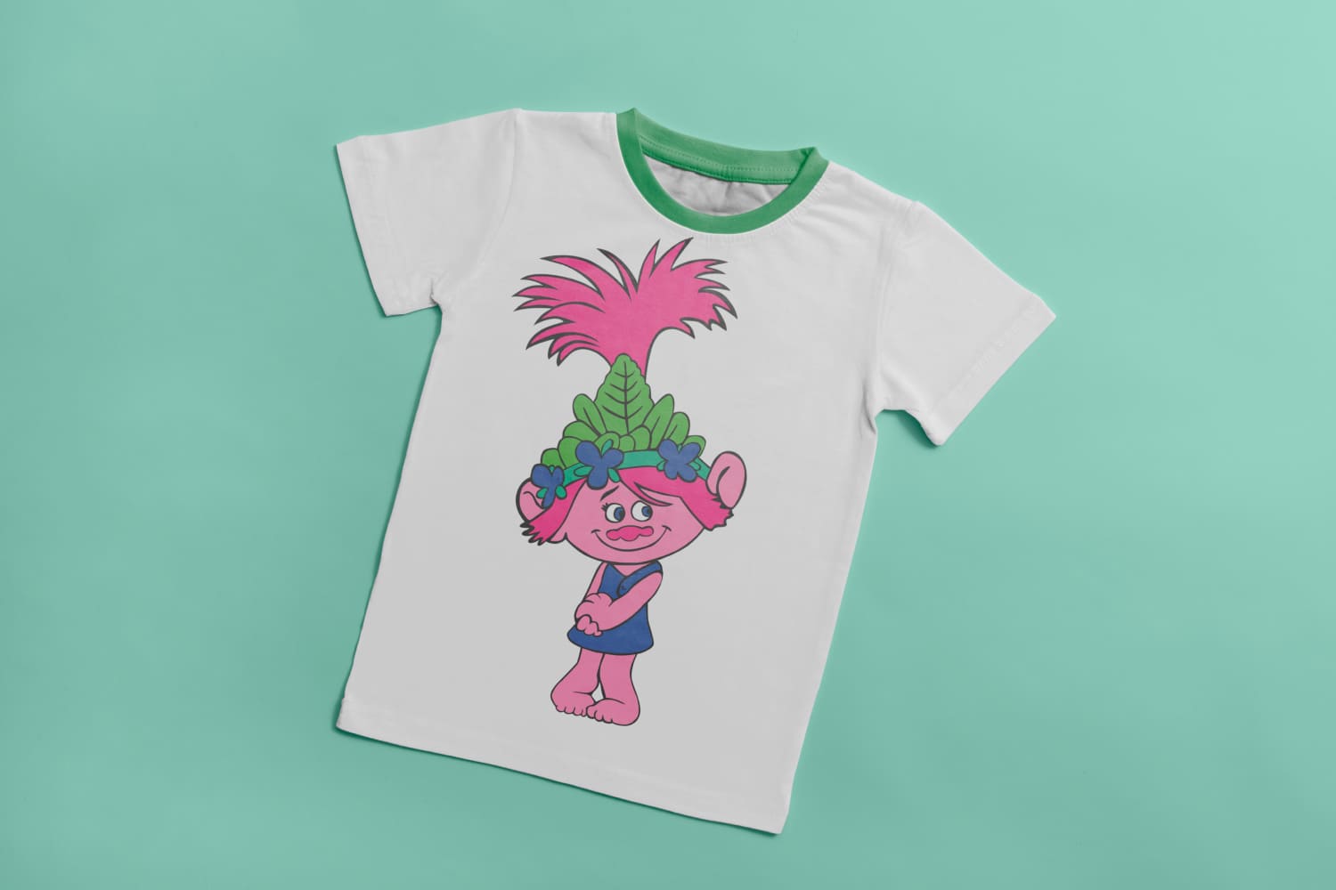 White T-shirt with green collar and image of cartoon character - Poppy.