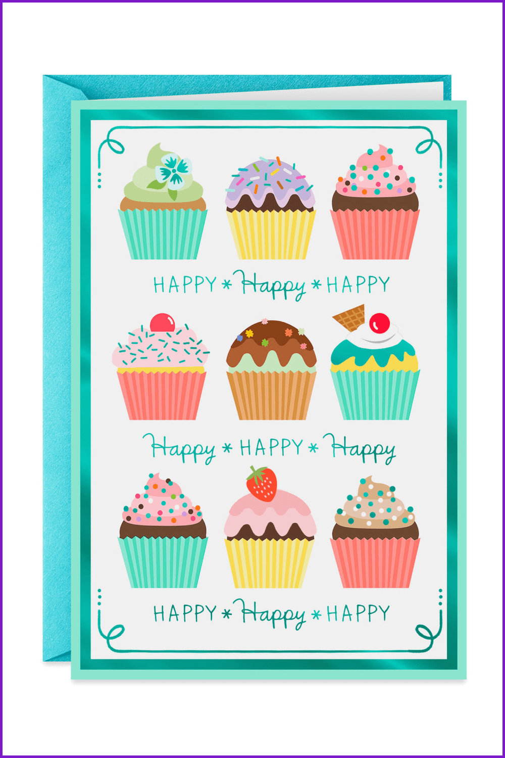 Green postcard with the image of painted cupcakes with different fillings.