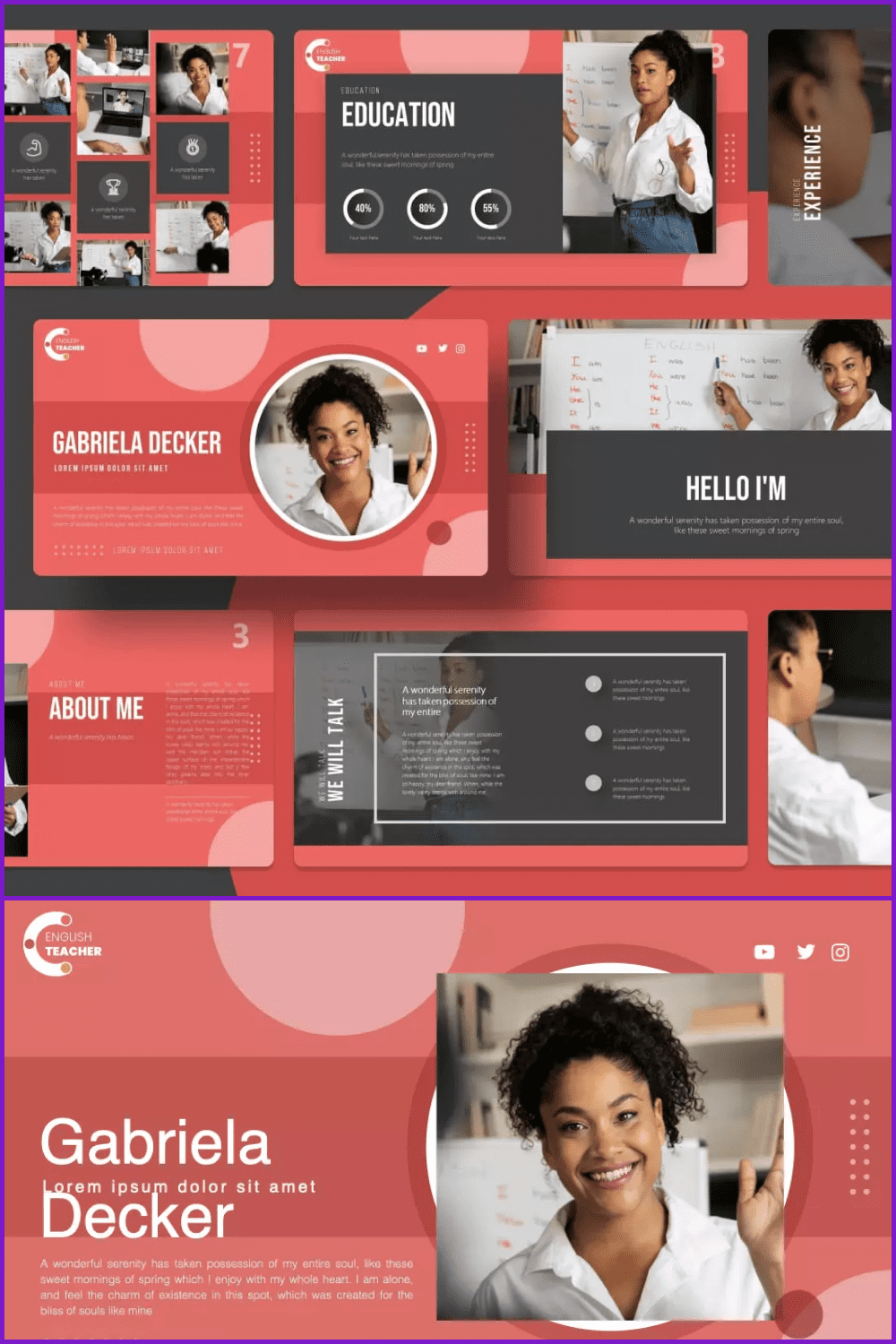 Collage of presentation pages with a red background with a photo of a young teacher.