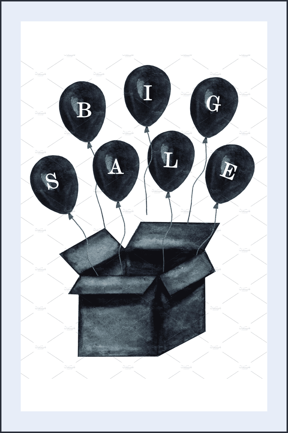 A black box from which black balloons fly out with an inscription Big Sale.