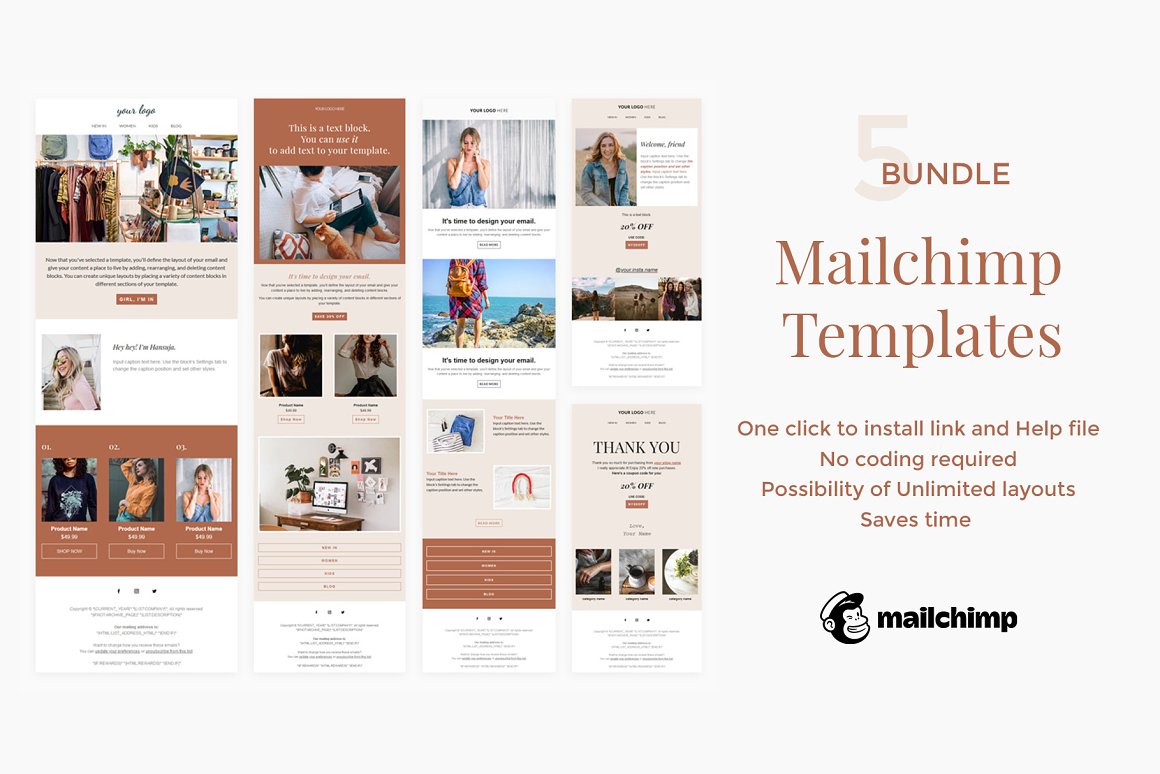 The light pink number "5" and pink letterings "Mailchimp Templates" and "One clicl to install link and help file, No conding required, Possibility of Unlimited layouts, Saves time", black logo "Mailchimp" and 4 different templates in a mobile and desktop version.