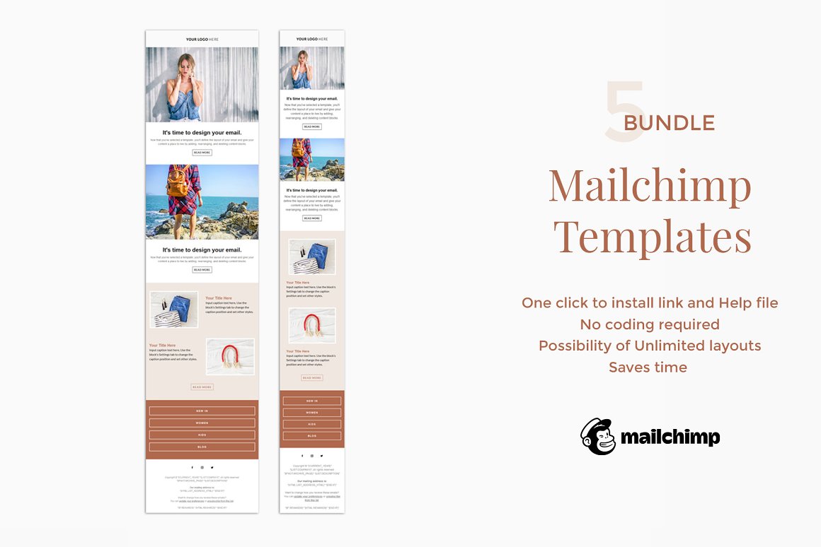 The light pink number "5" and pink letterings "Mailchimp Templates" and "One clicl to install link and help file, No conding required, Possibility of Unlimited layouts, Saves time", black logo "Mailchimp" and 2 templates in a mobile and desktop version.