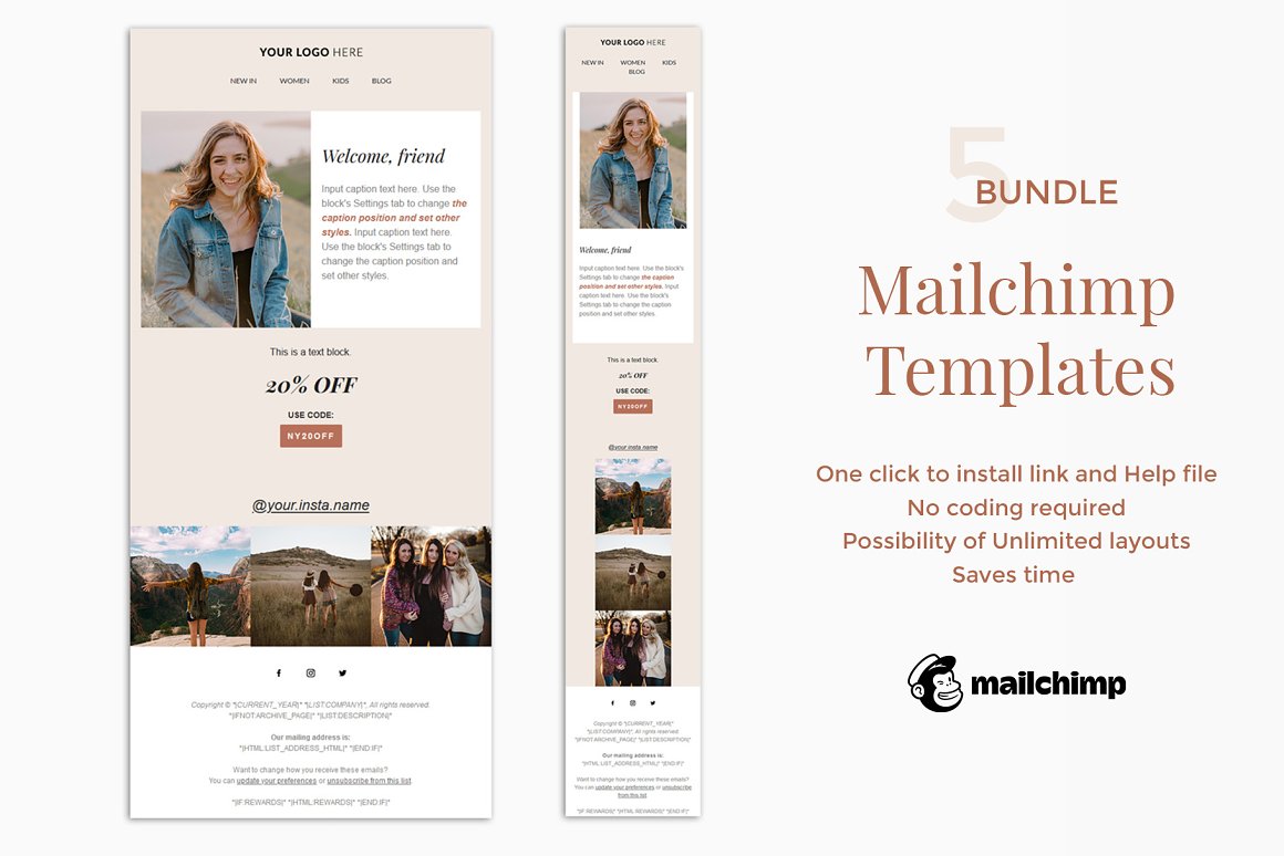 The light pink number "5" and pink letterings "Mailchimp Templates" and "One clicl to install link and help file, No conding required, Possibility of Unlimited layouts, Saves time", black logo "Mailchimp" and 2 templates in a mobile and desktop version.