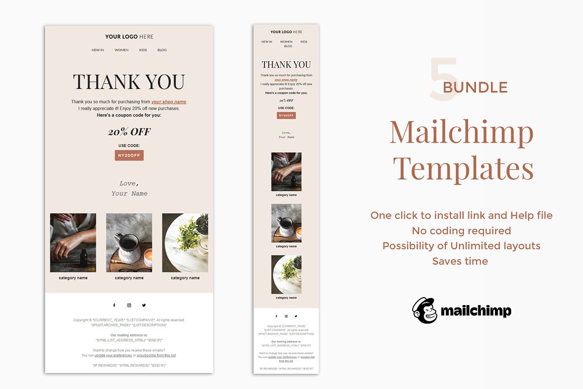 The light pink number "5" and pink letterings "Mailchimp Templates" and "One clicl to install link and help file, No conding required, Possibility of Unlimited layouts, Saves time", black logo "Mailchimp" and 2 templates in a mobile and desktop version.