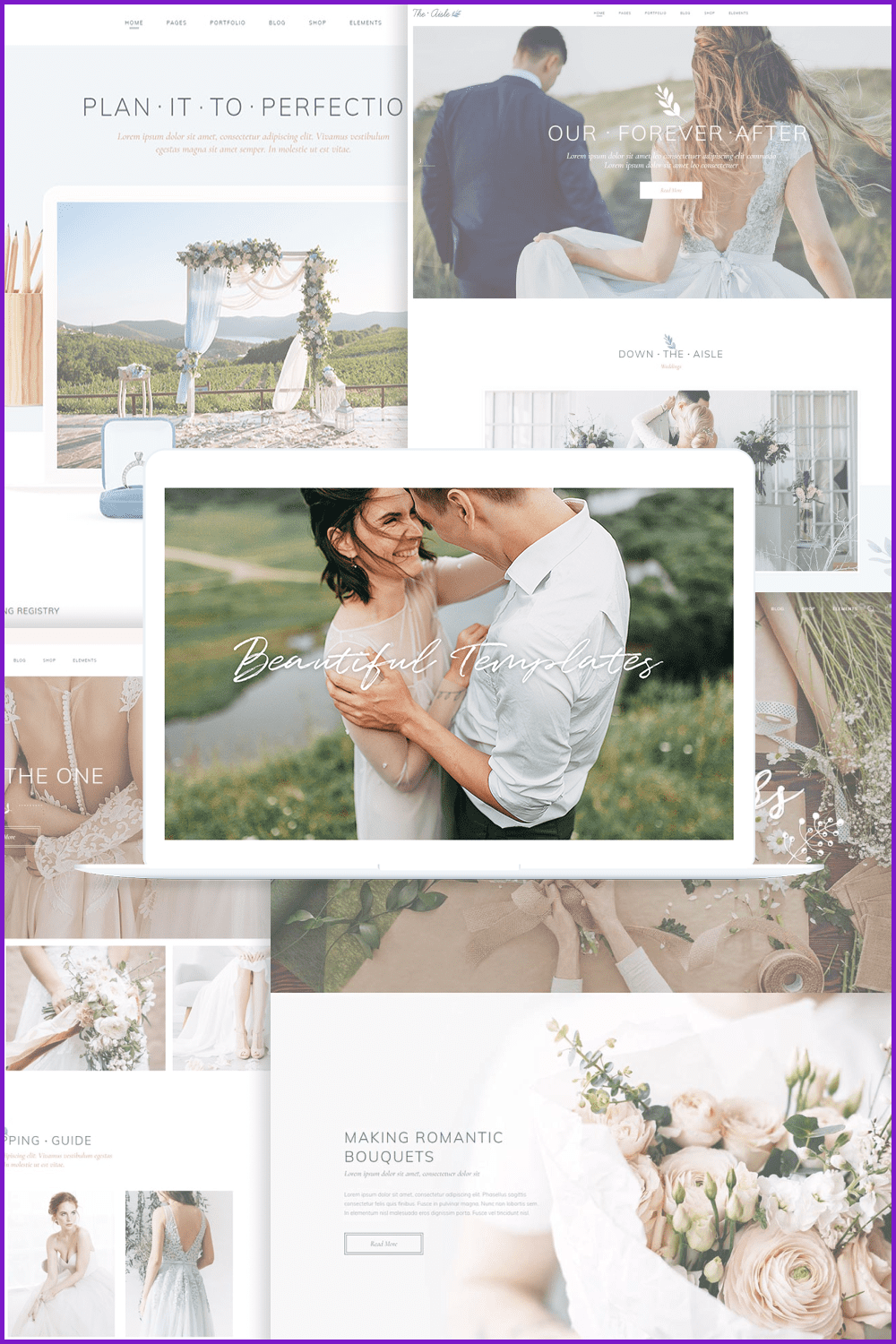 Collage of website pages with photos of newlyweds, wedding arch and bouquets.
