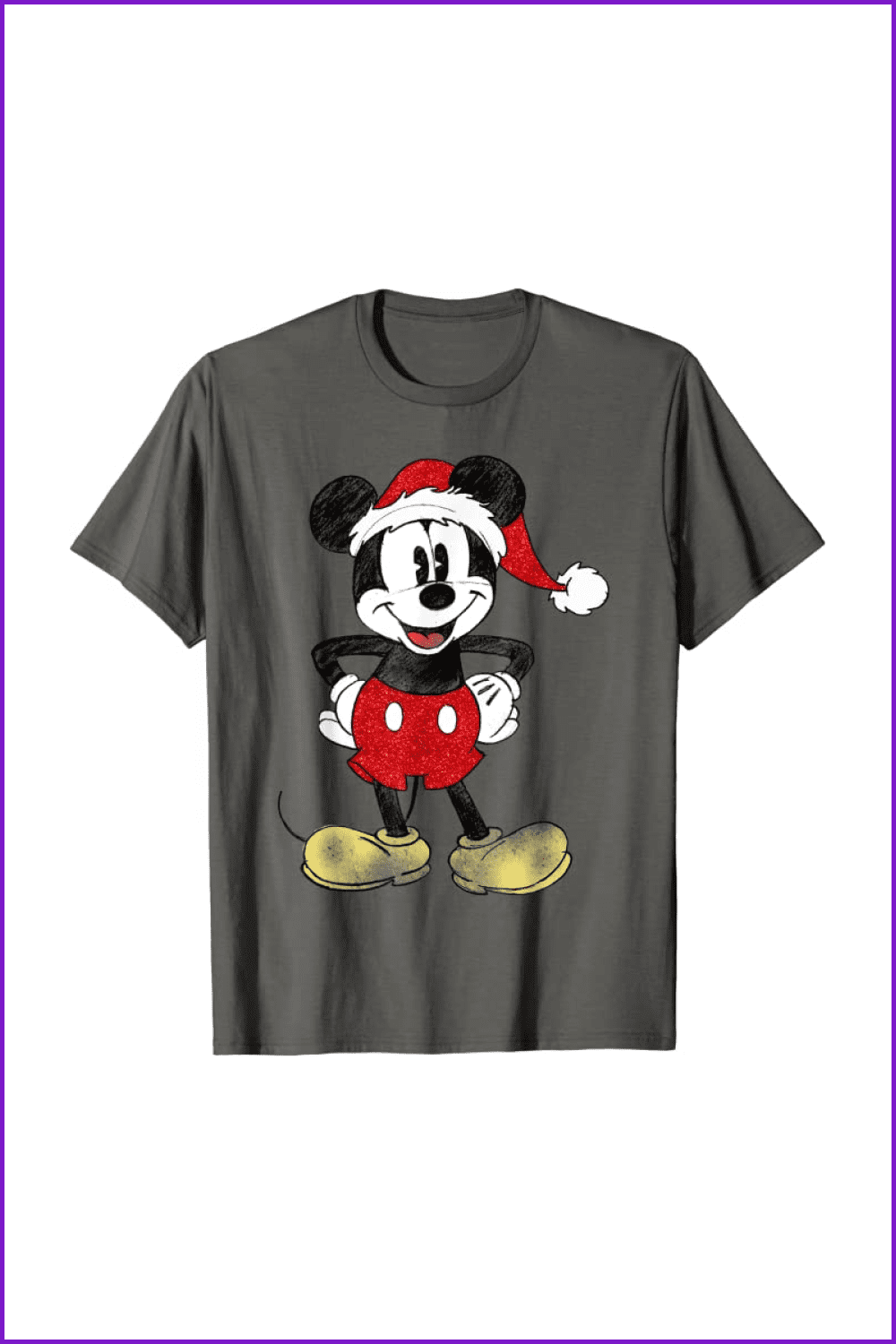 Grey t-shirt with a smiling Mickey Mouse in a red Christmas hat.