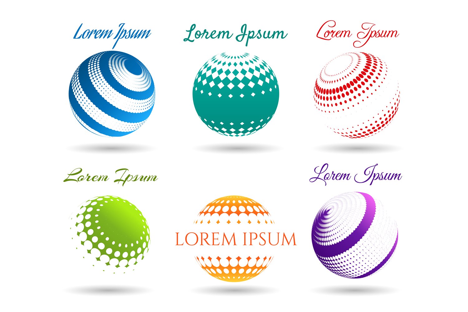 A set of 6 different abstract 3D dot spheres logo in blue, turquoise, red, green, orange and purple colors on a white background.