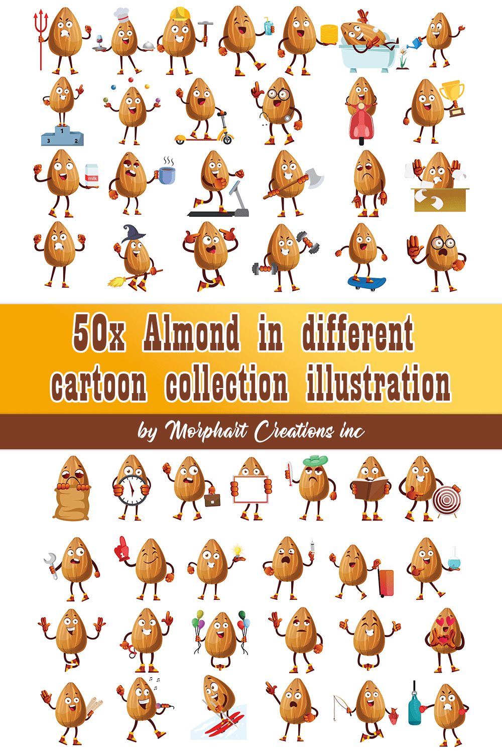 A pack of beautiful images of cartoon almond emoticons.