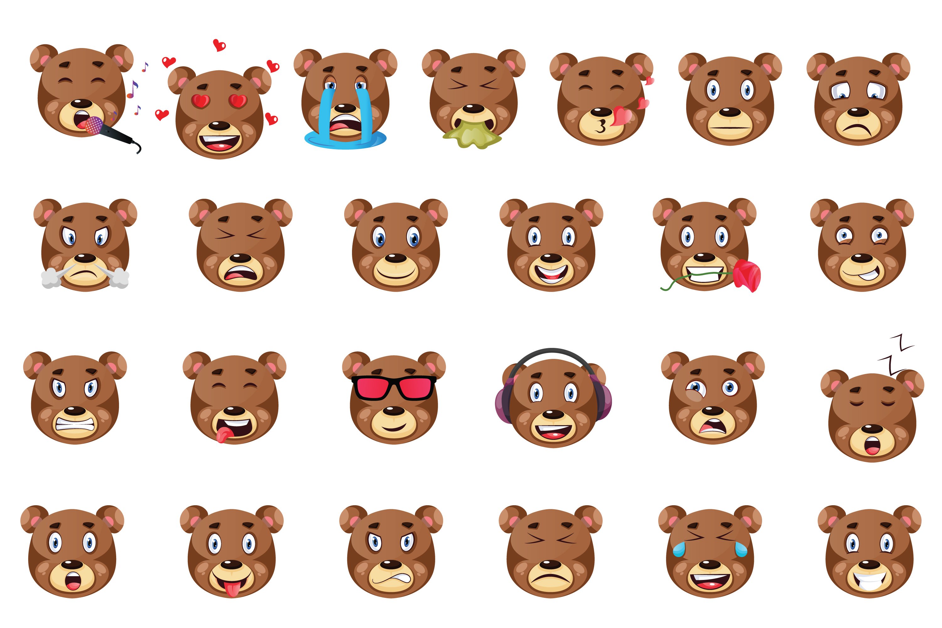 Collection of colorful images of bear face emoticons.
