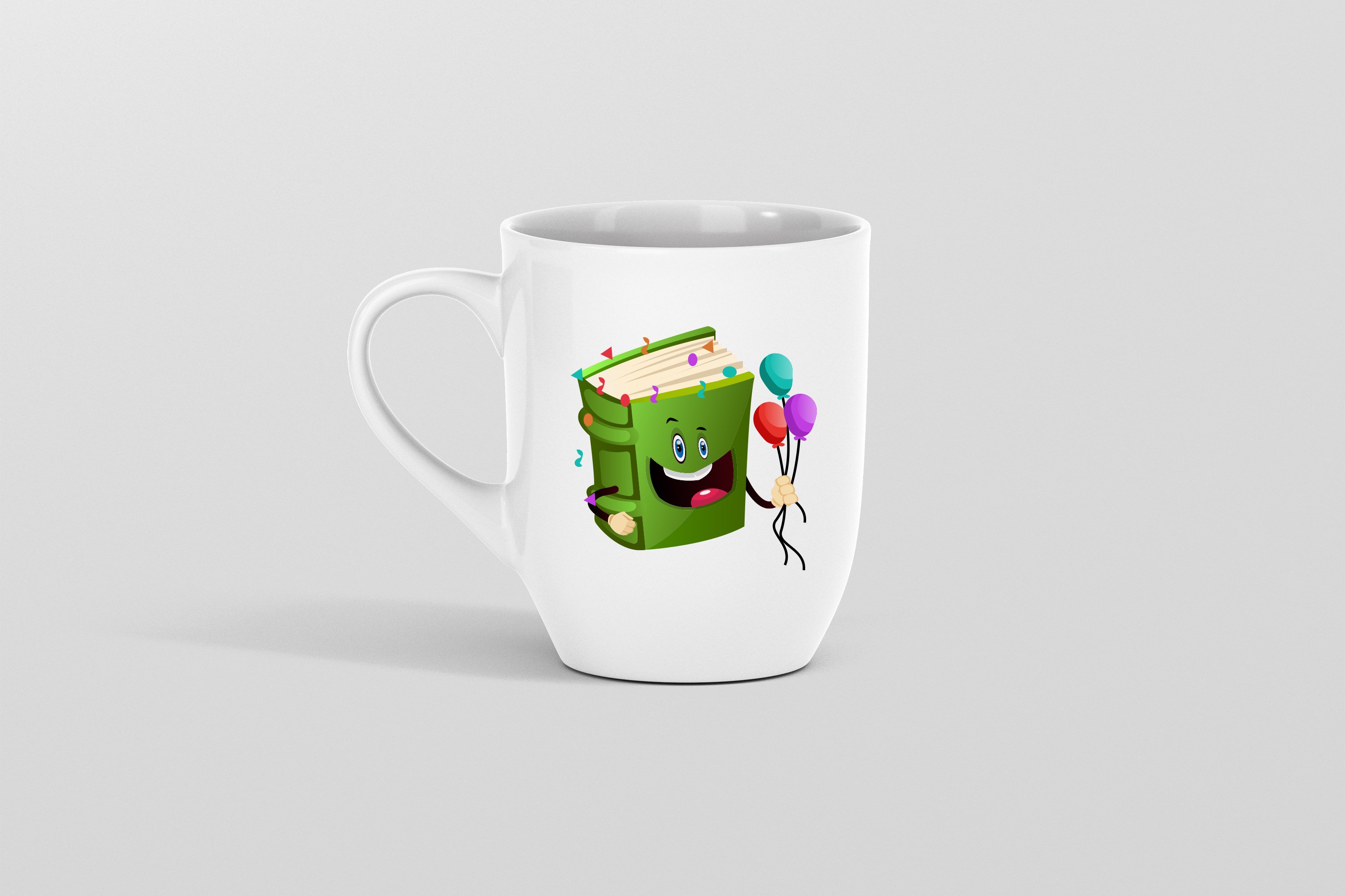 Image of white cup with funny cartoon book emoticon.