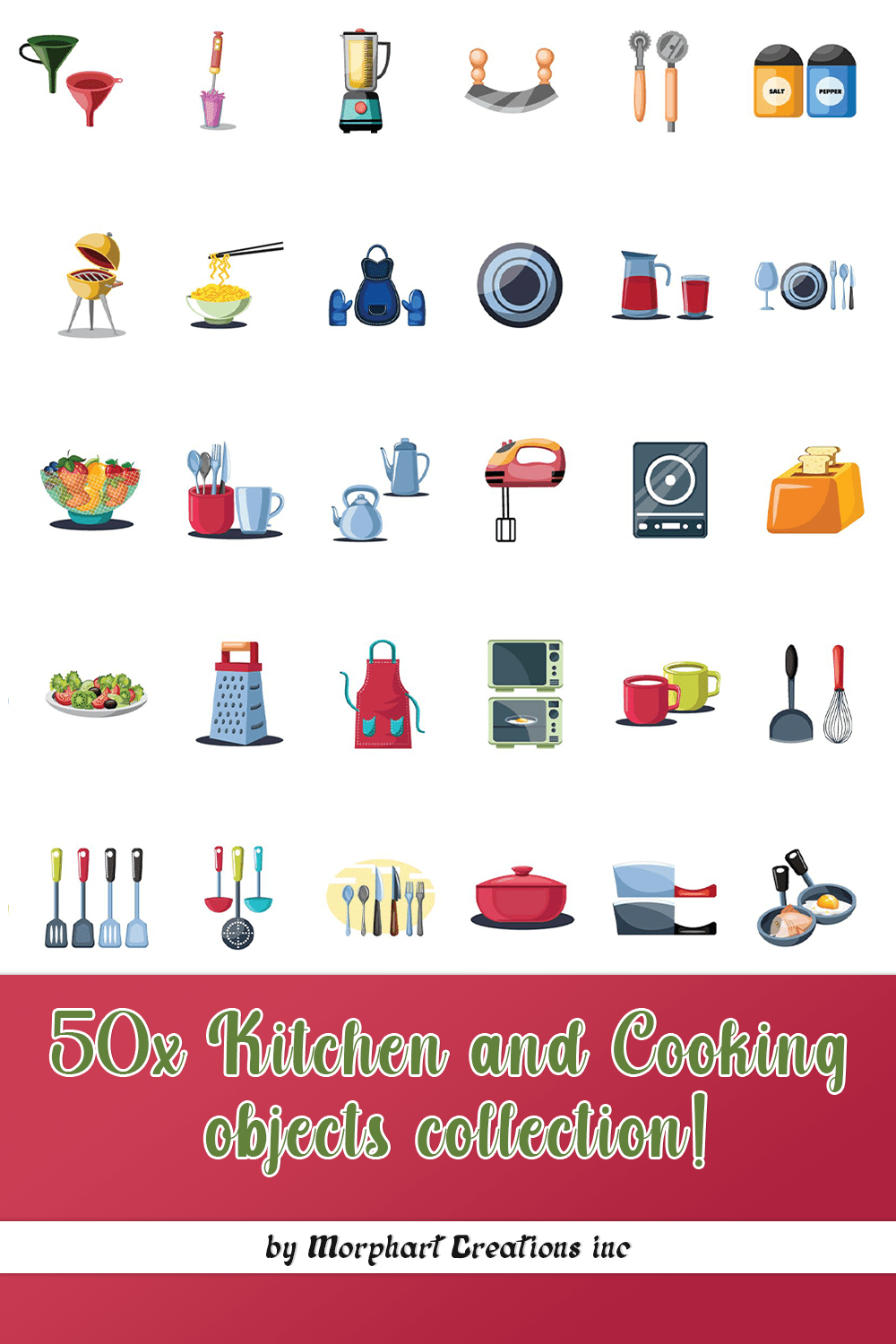 A selection of cartoon images of objects for the kitchen and cooking.