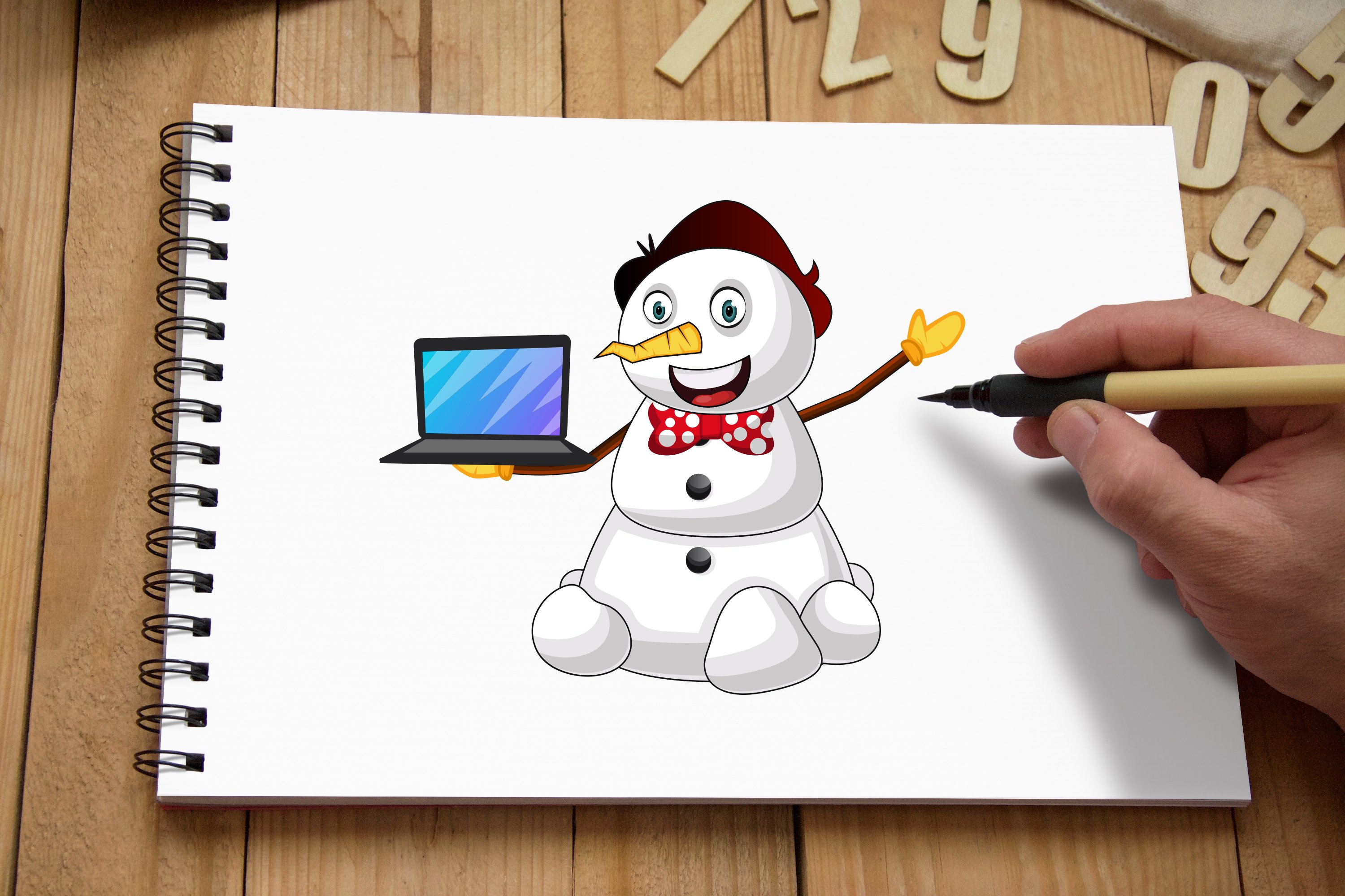 Image of a cheerful snowman on a landscape sheet.