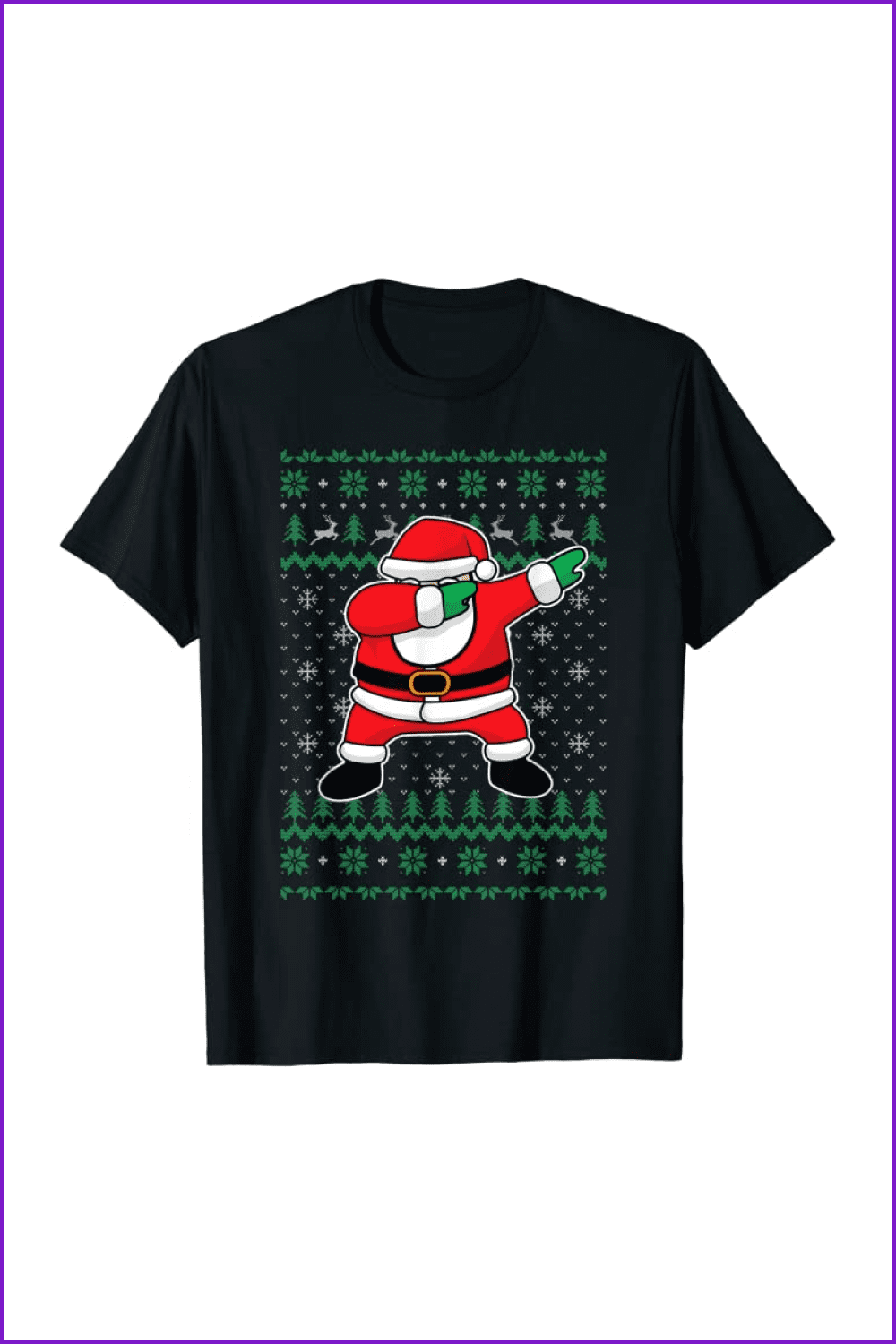 T-shirt with a dabbing Santa Claus on the black background with a green winter pattern.