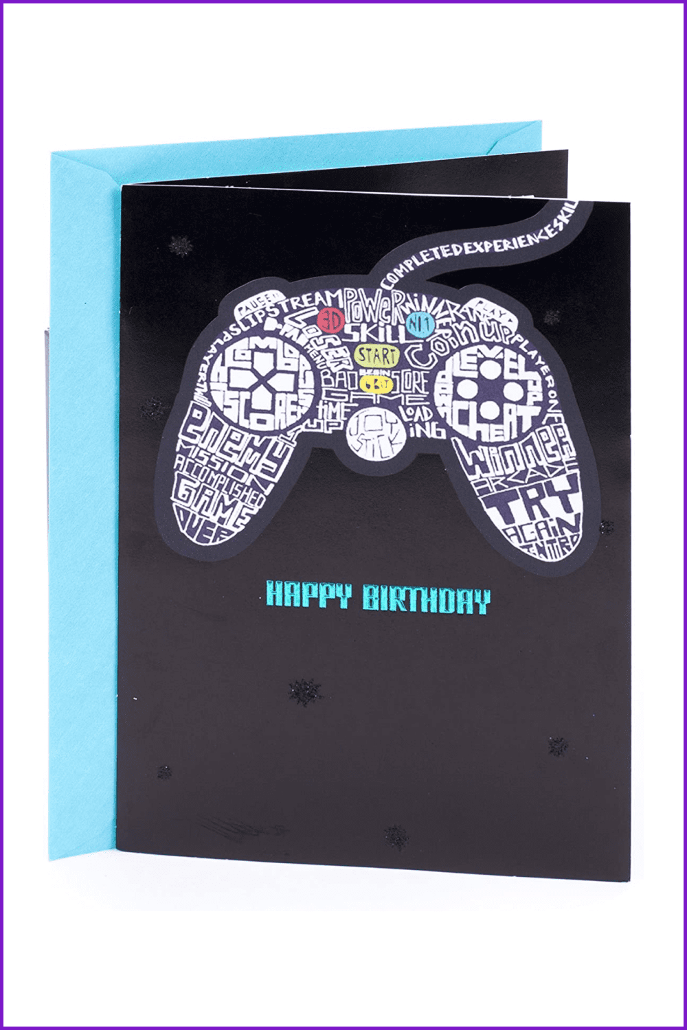 Birthday card with a drawn game console joystick.