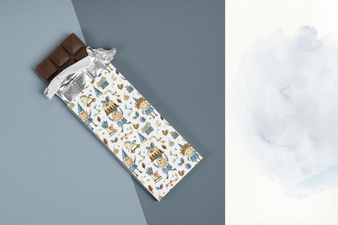 A chocolate bar in wrapping paper with an illustrations of a elf on a blue background.