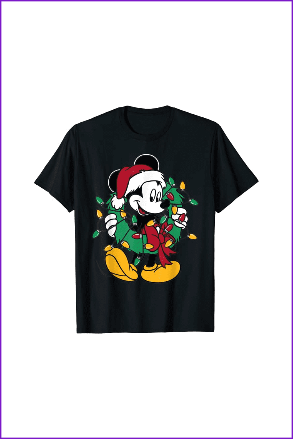 Black t-shirt with a Mickey Mouse in a Christmas hat with a green wreath and lights.