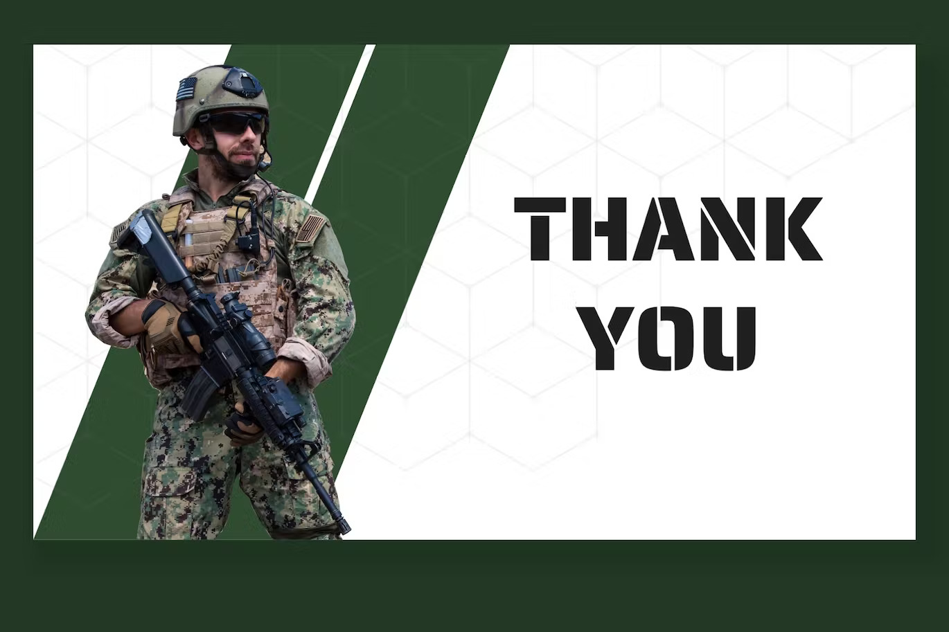 Black lettering "Thank you" and image military on a dark green and white background.
