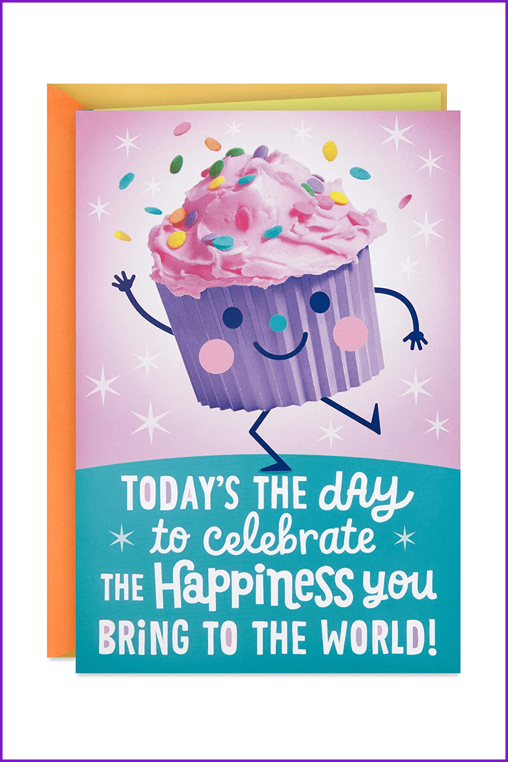 Birthday card with a painted smiling cupcake on a pink background.