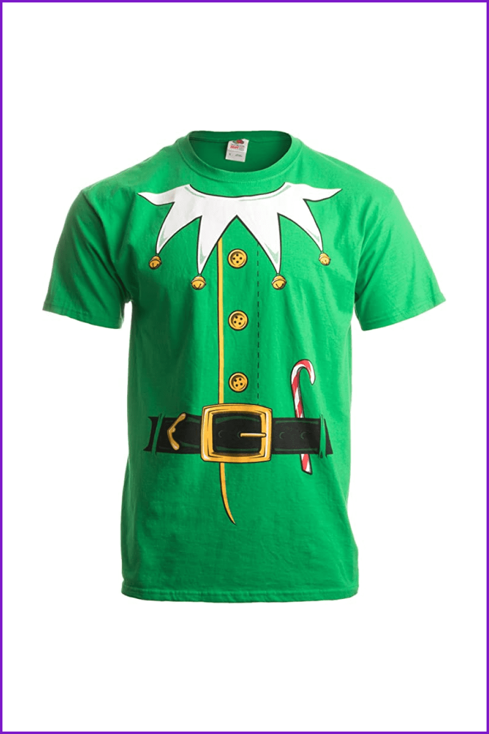 Green t-shirt with print of Santa's Elf costume.