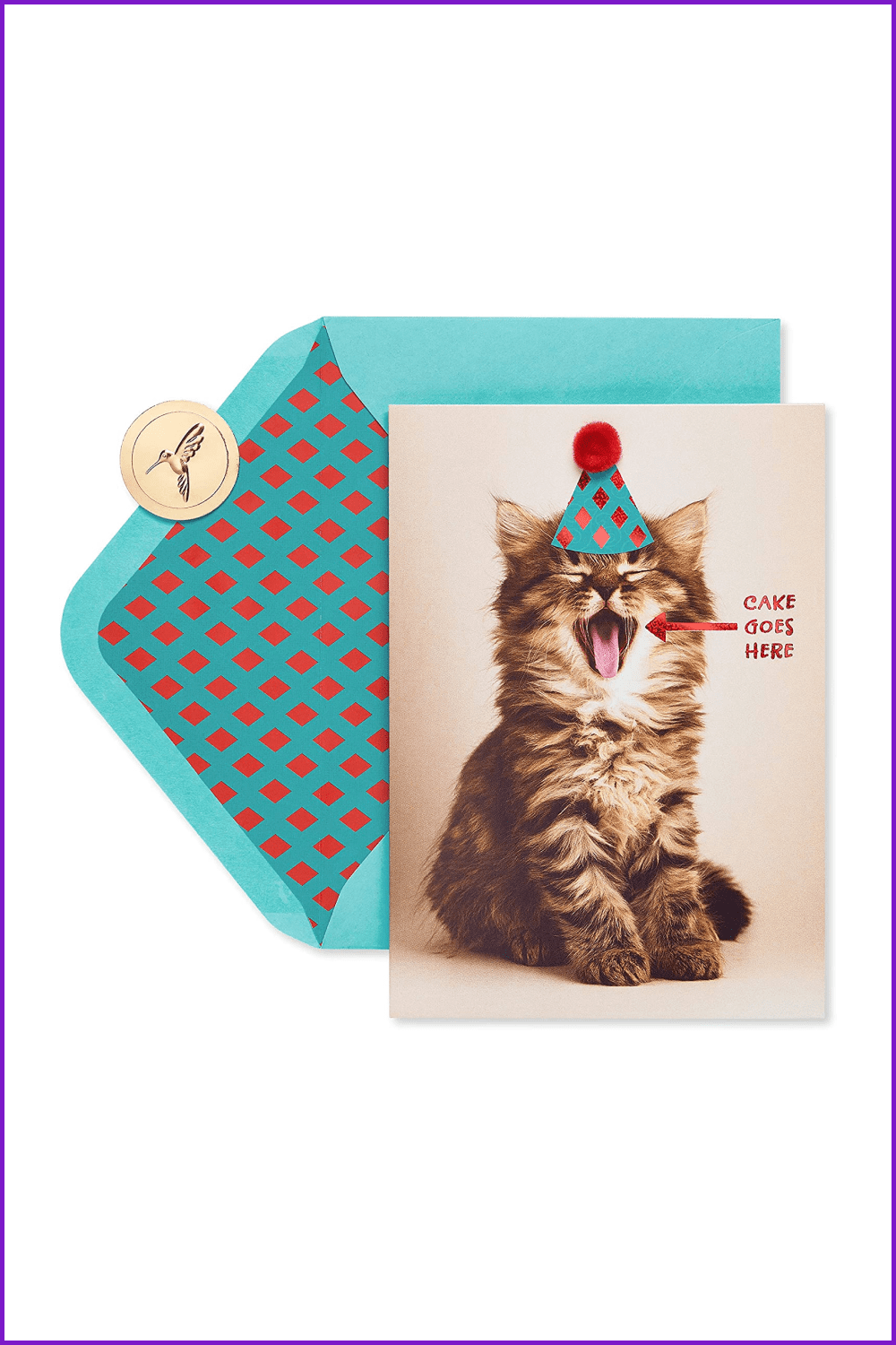 Birthday card with a photo of a kitten with an open mouth and a finished hat on its head.