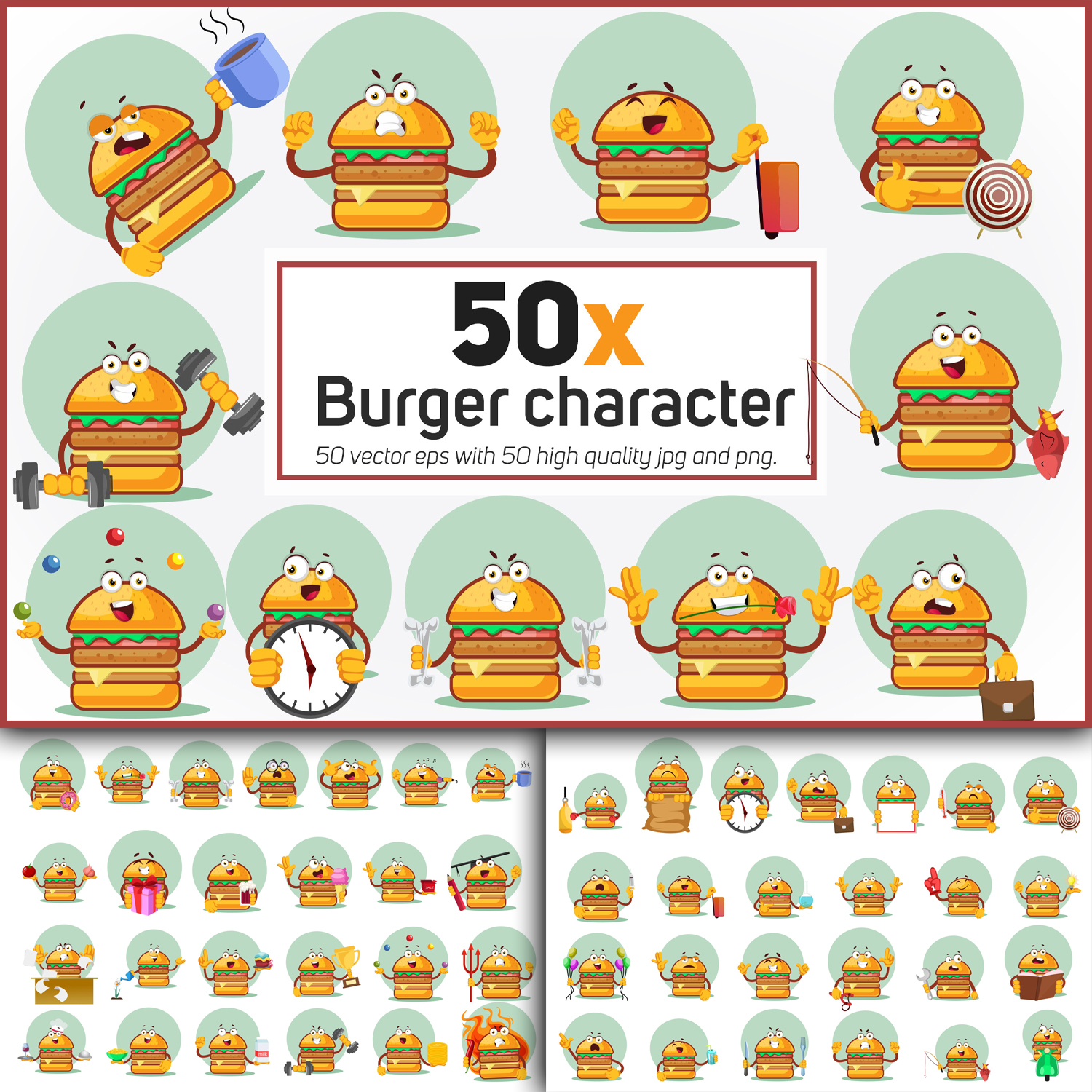 50x Burger Character in different situation collection.