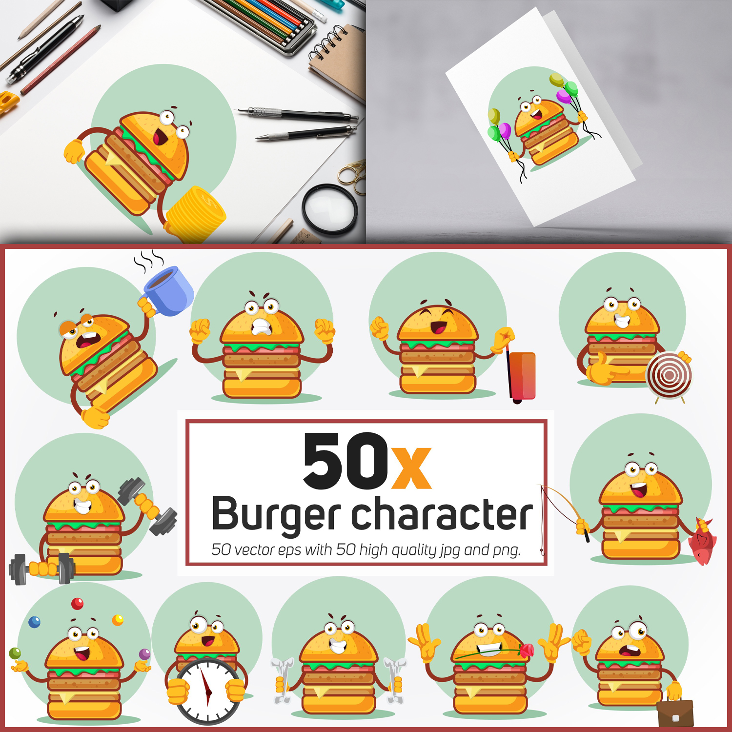 50x Burger Character in different situation collection cover.