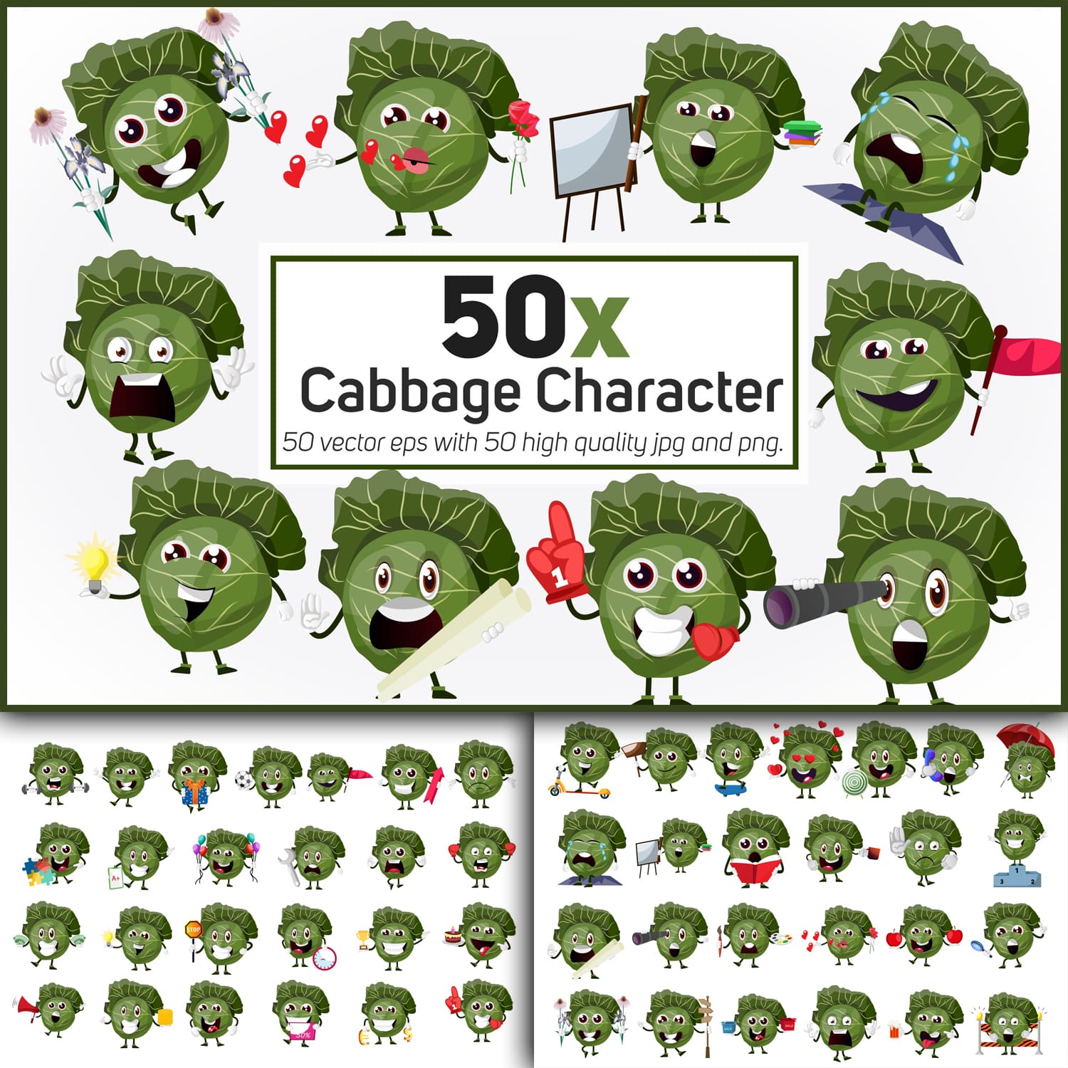 50x Cabbage Character or mascot in different situation.