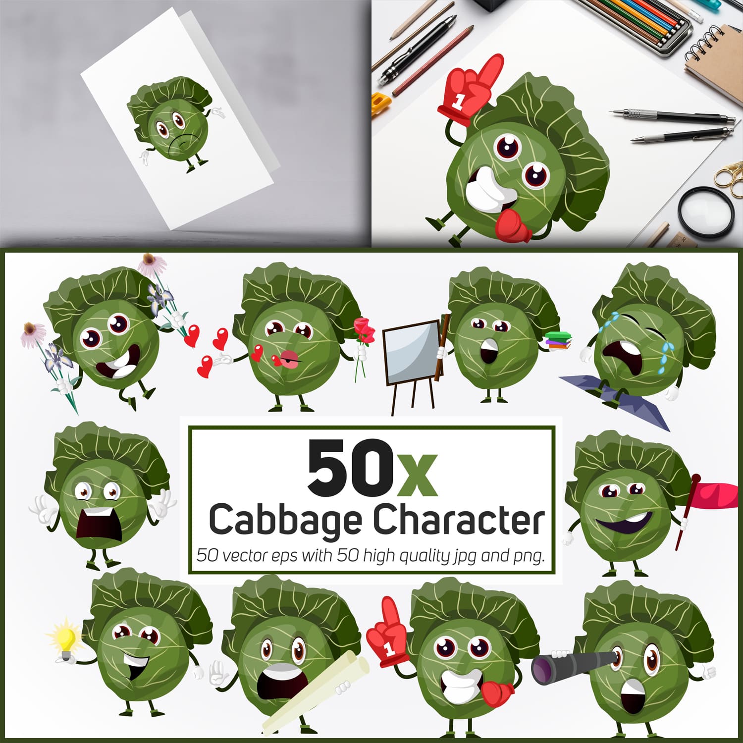 50x Cabbage Character or mascot in different situation cover.