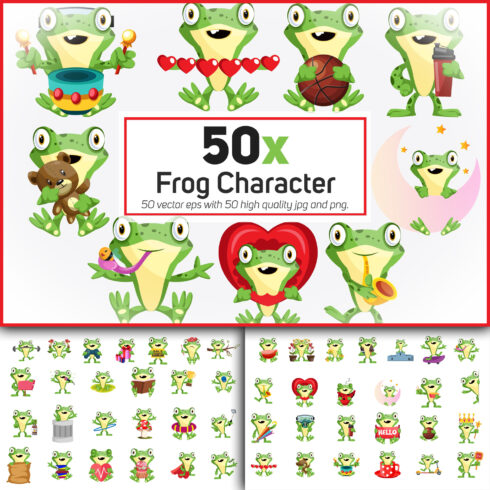 50x Frog Character in different situation collection.