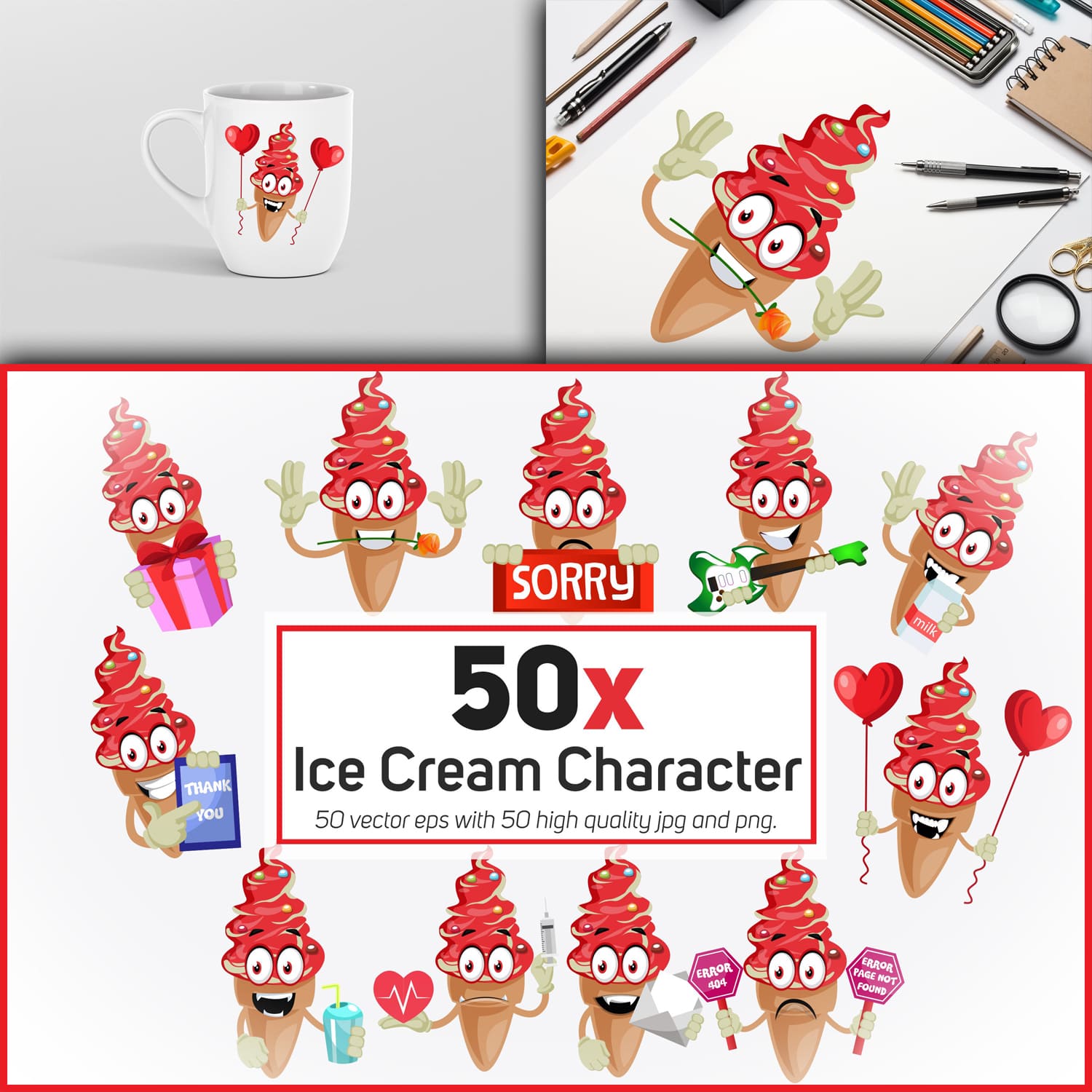 50x Ice Cream Character collection illustration. cover.