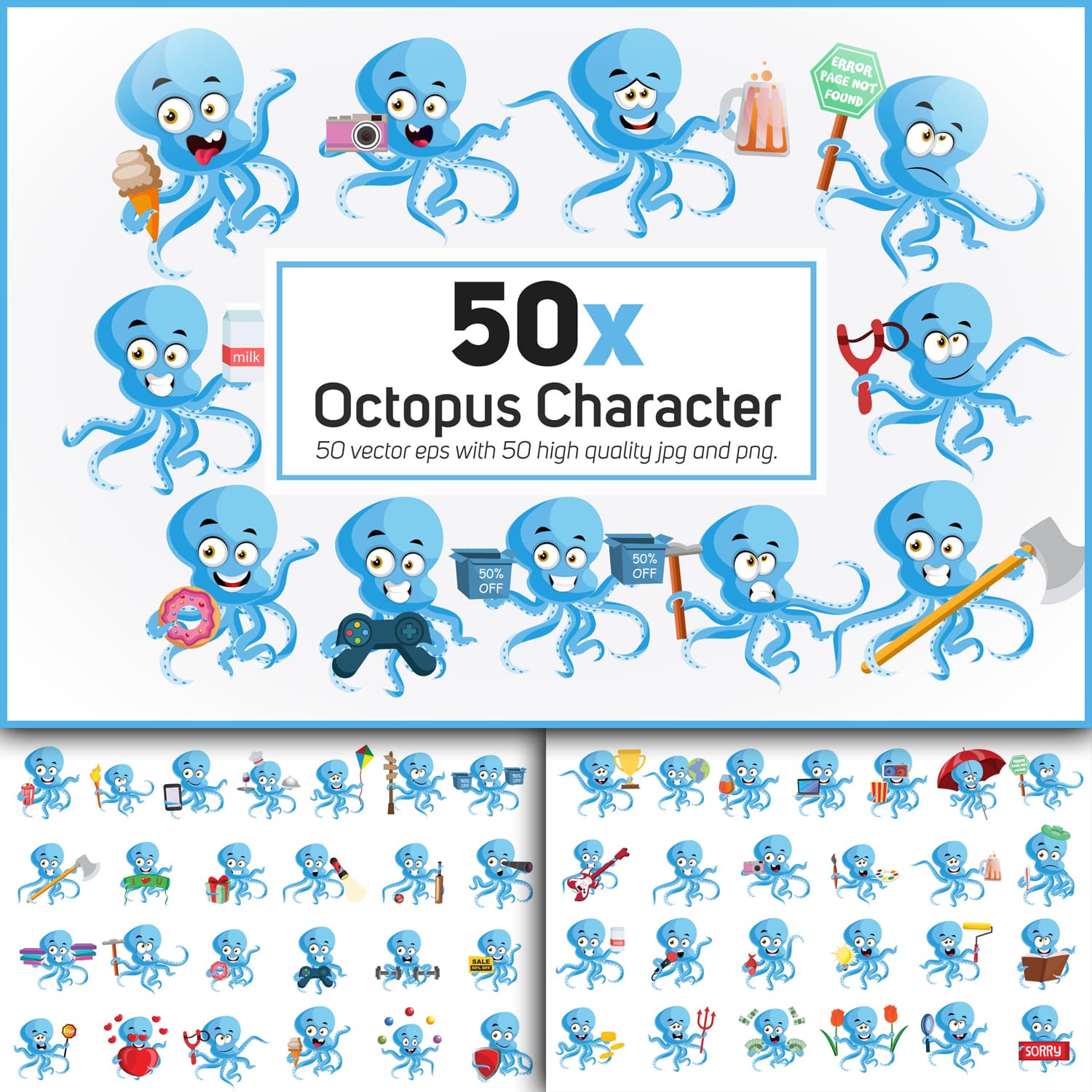 50x Octopus Character and mascot collection illustration.