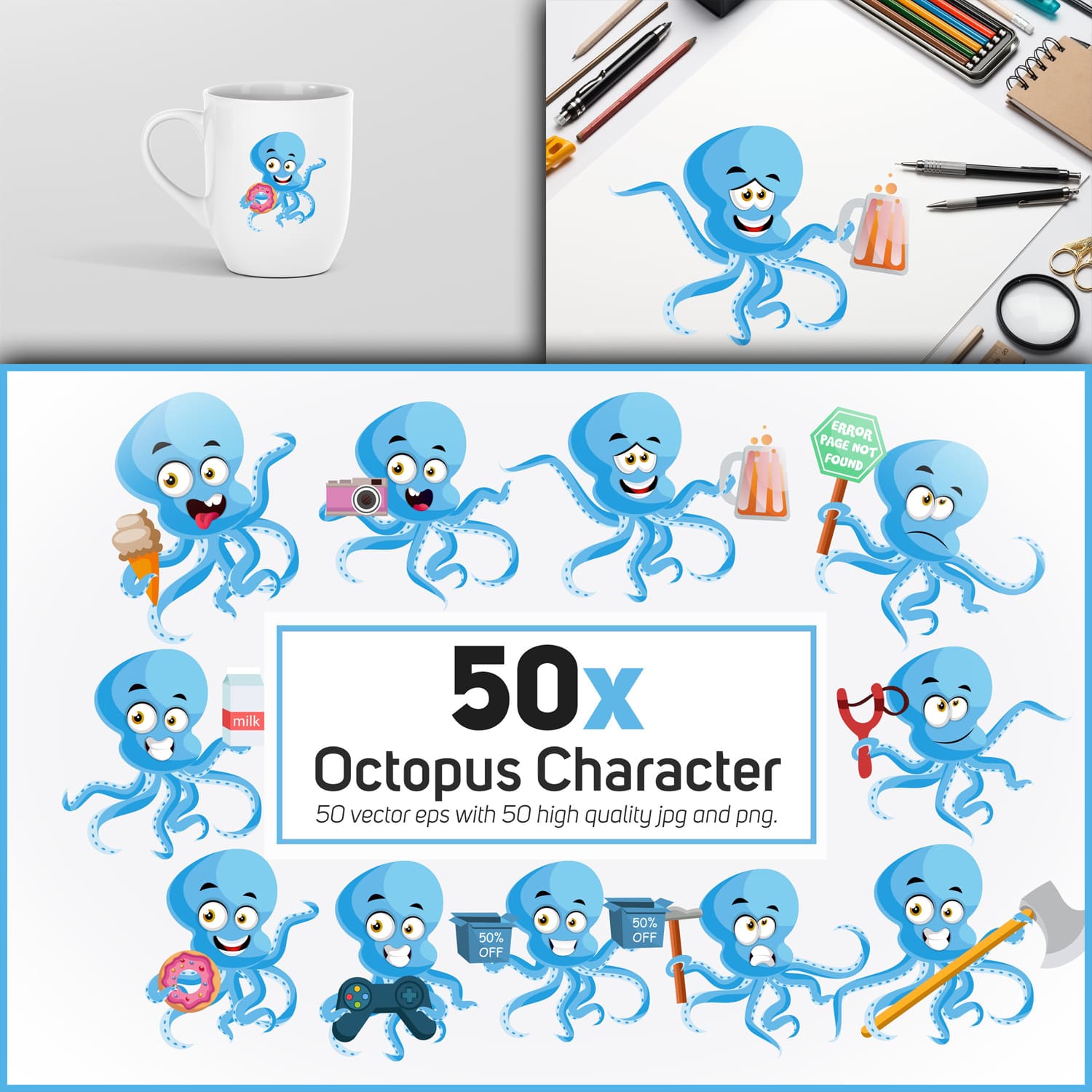 50x Octopus Character and mascot collection illustration. cover.