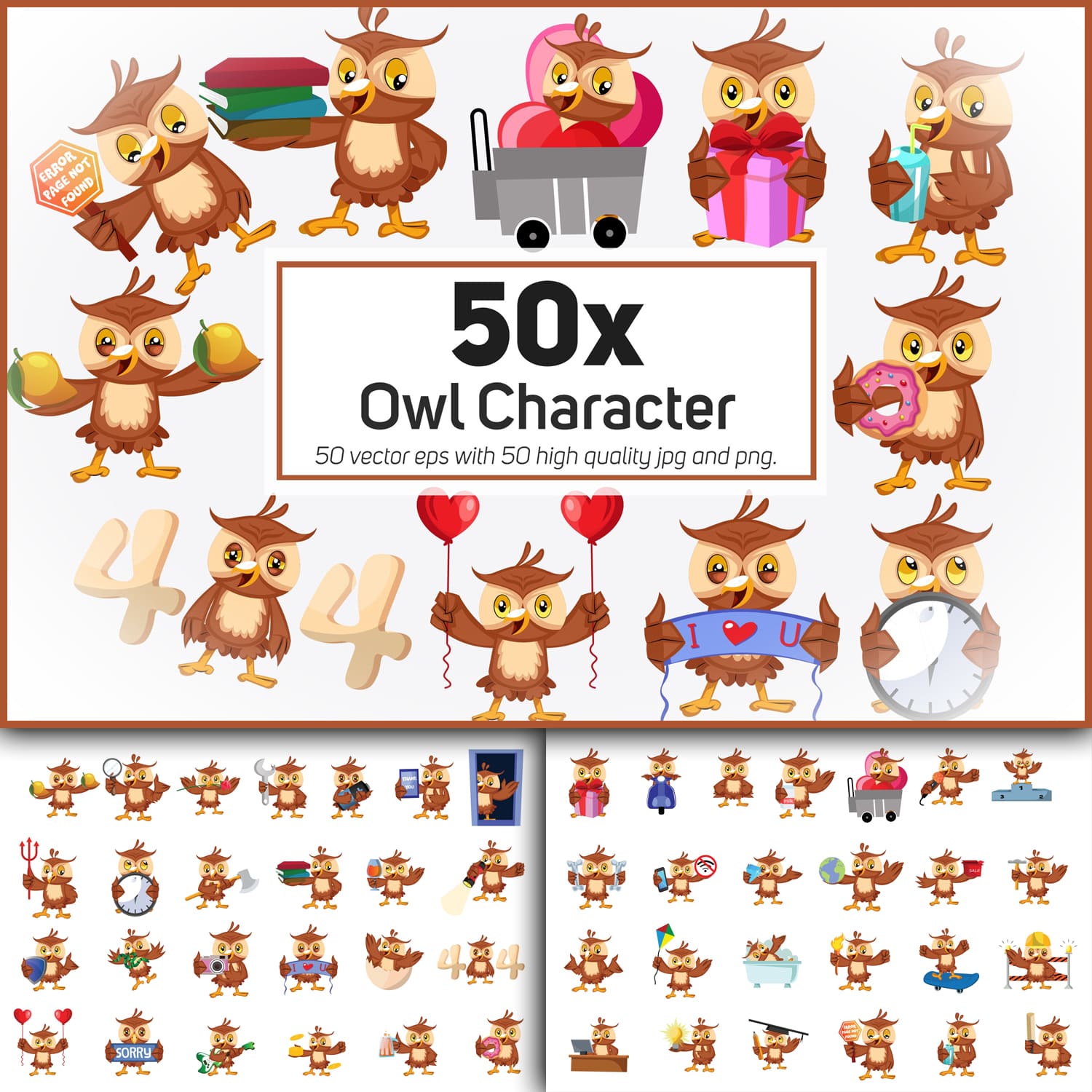 50x Owl Character and Mascot collection illustration. cover.
